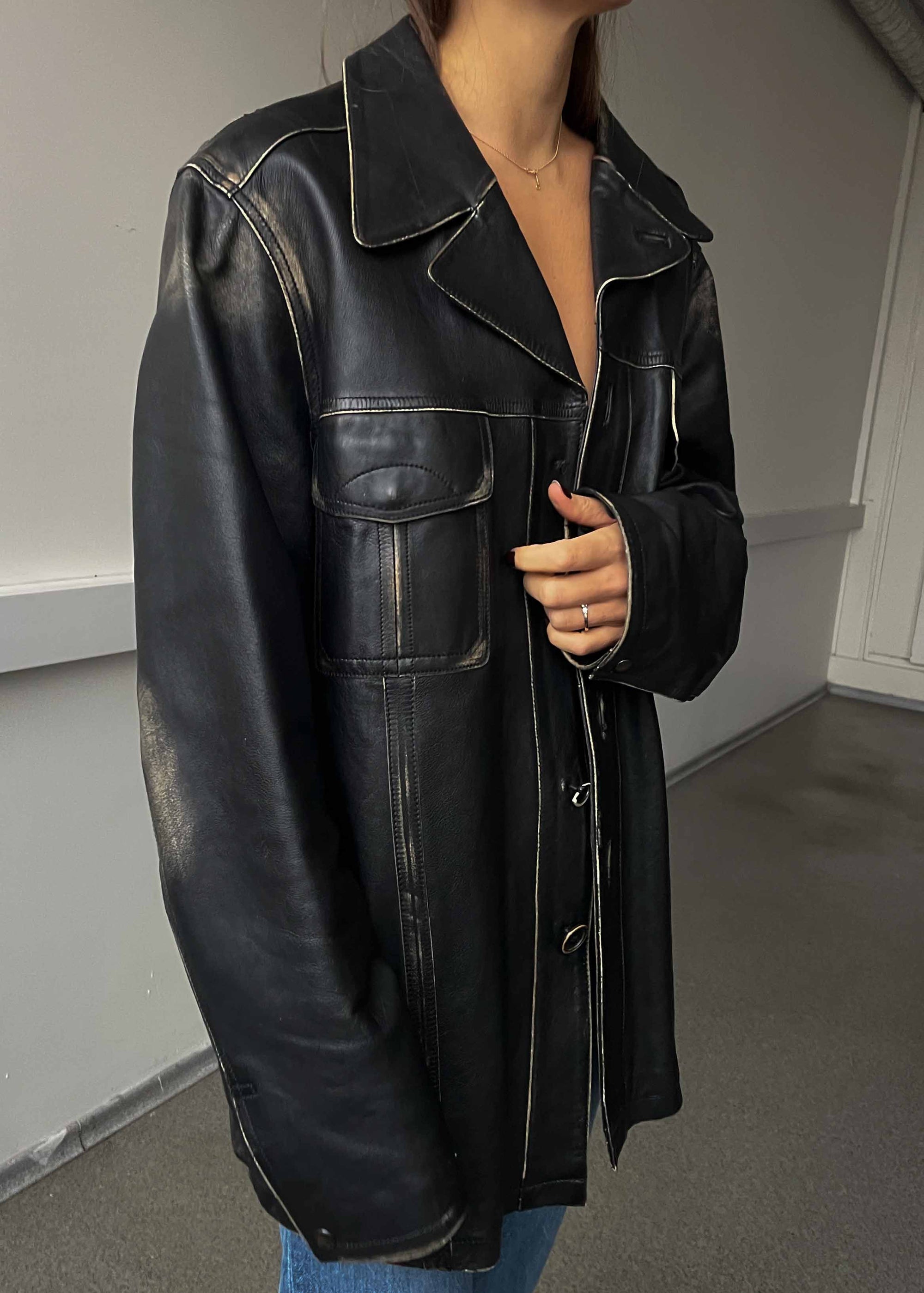 Vintage Black Oversized Leather Jacket