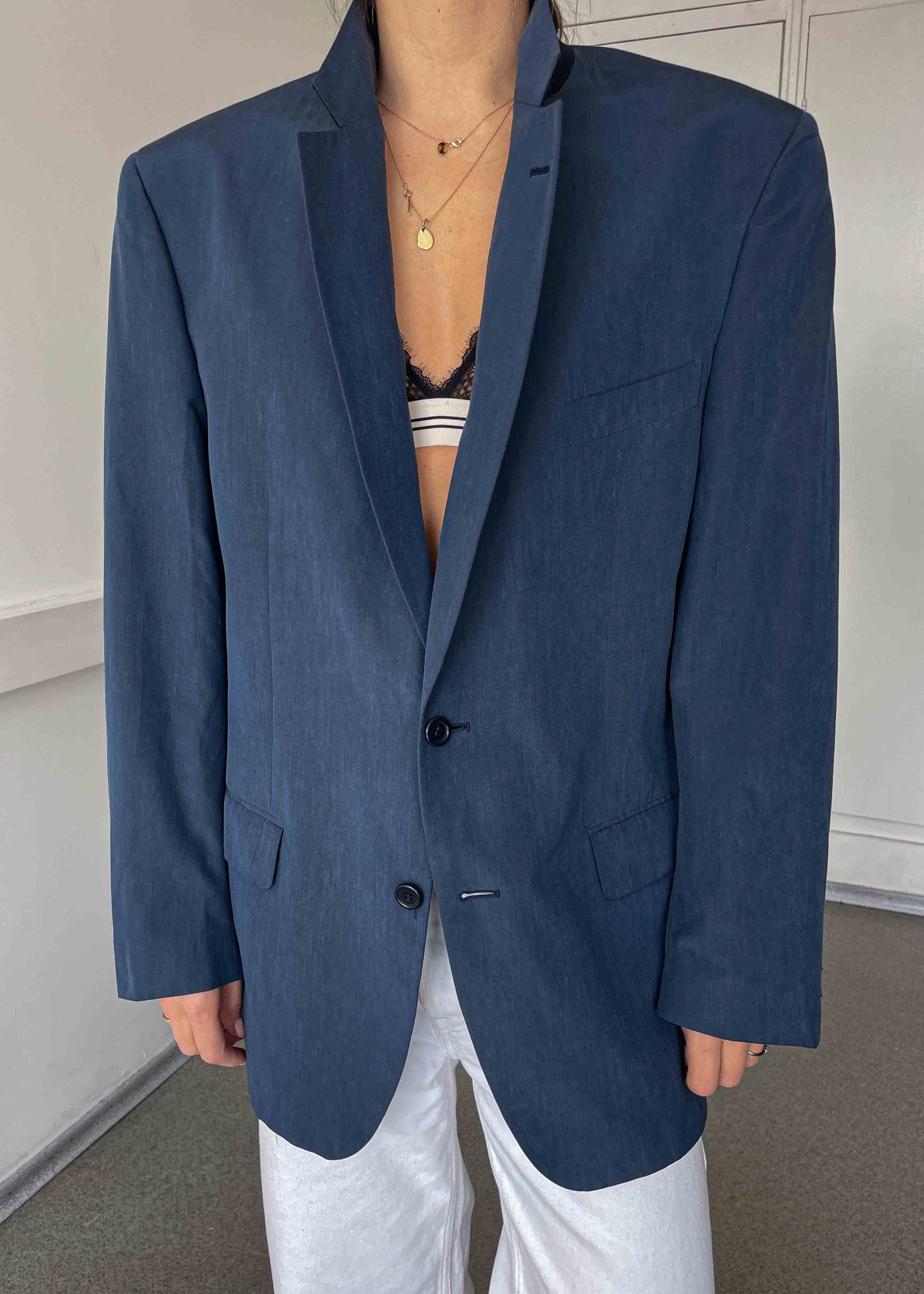 Vintage Blue Oversized Silk Blazer