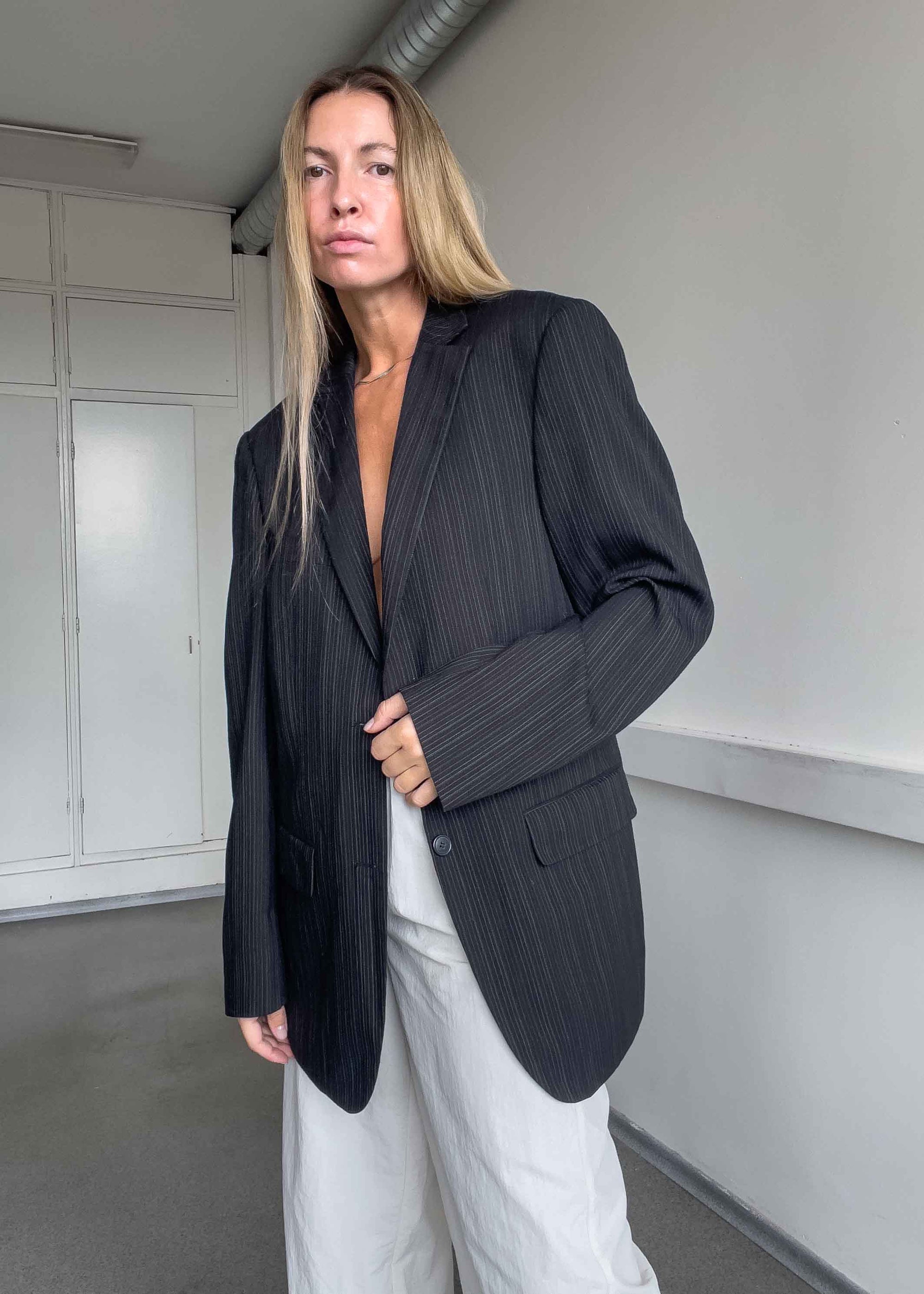 Vintage Black Stripy Oversized Blazer