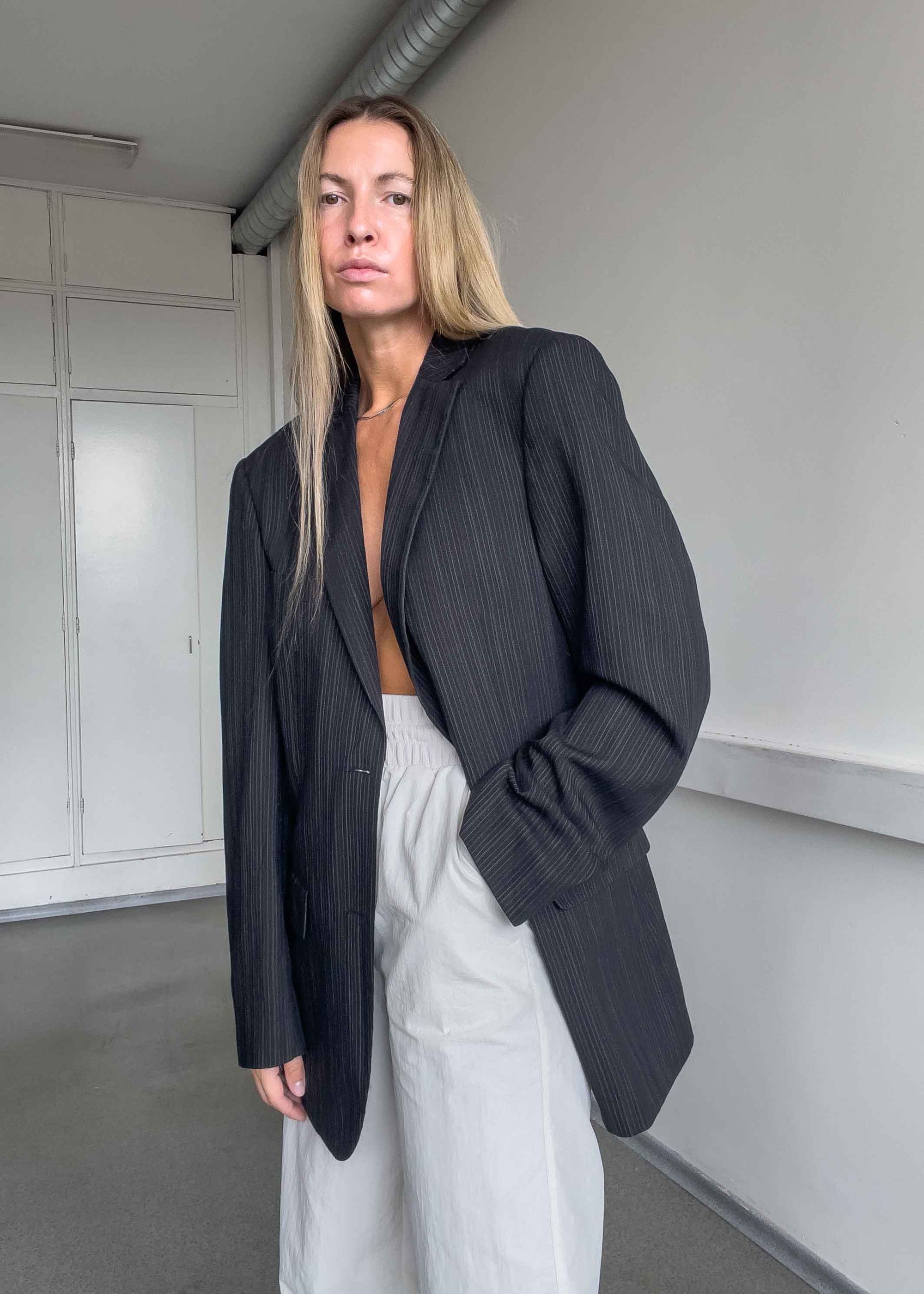 Vintage Black Stripy Oversized Blazer