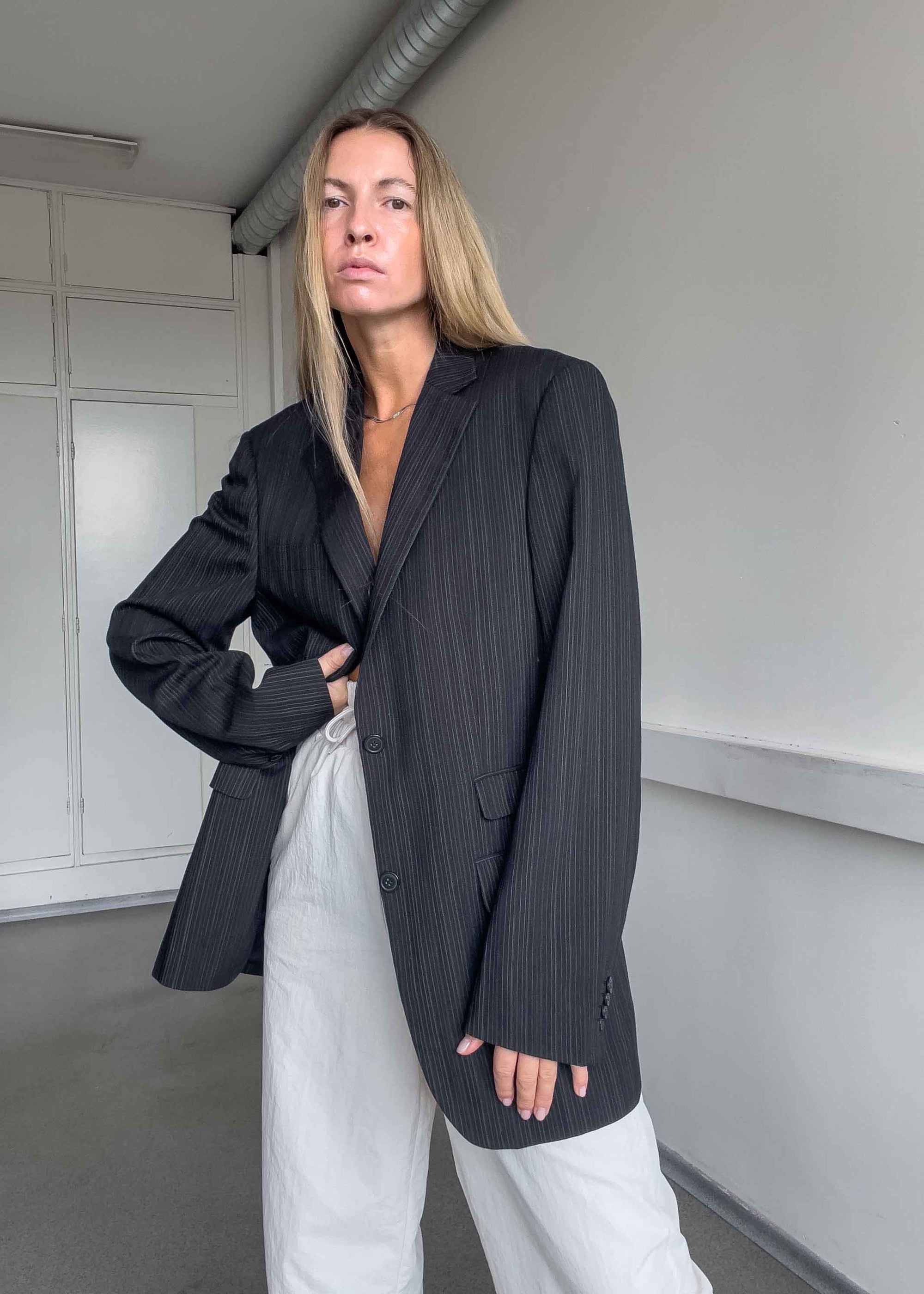 Vintage Black Stripy Oversized Blazer