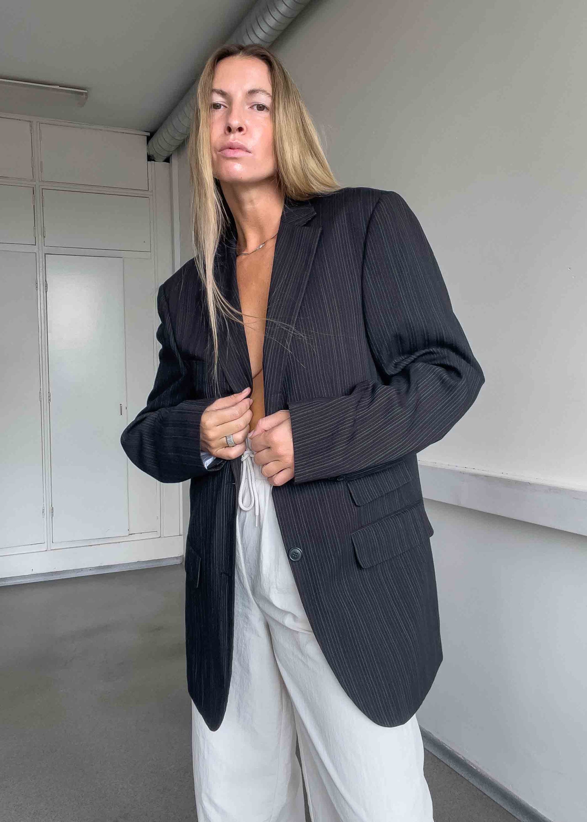 Vintage Black Stripy Oversized Blazer