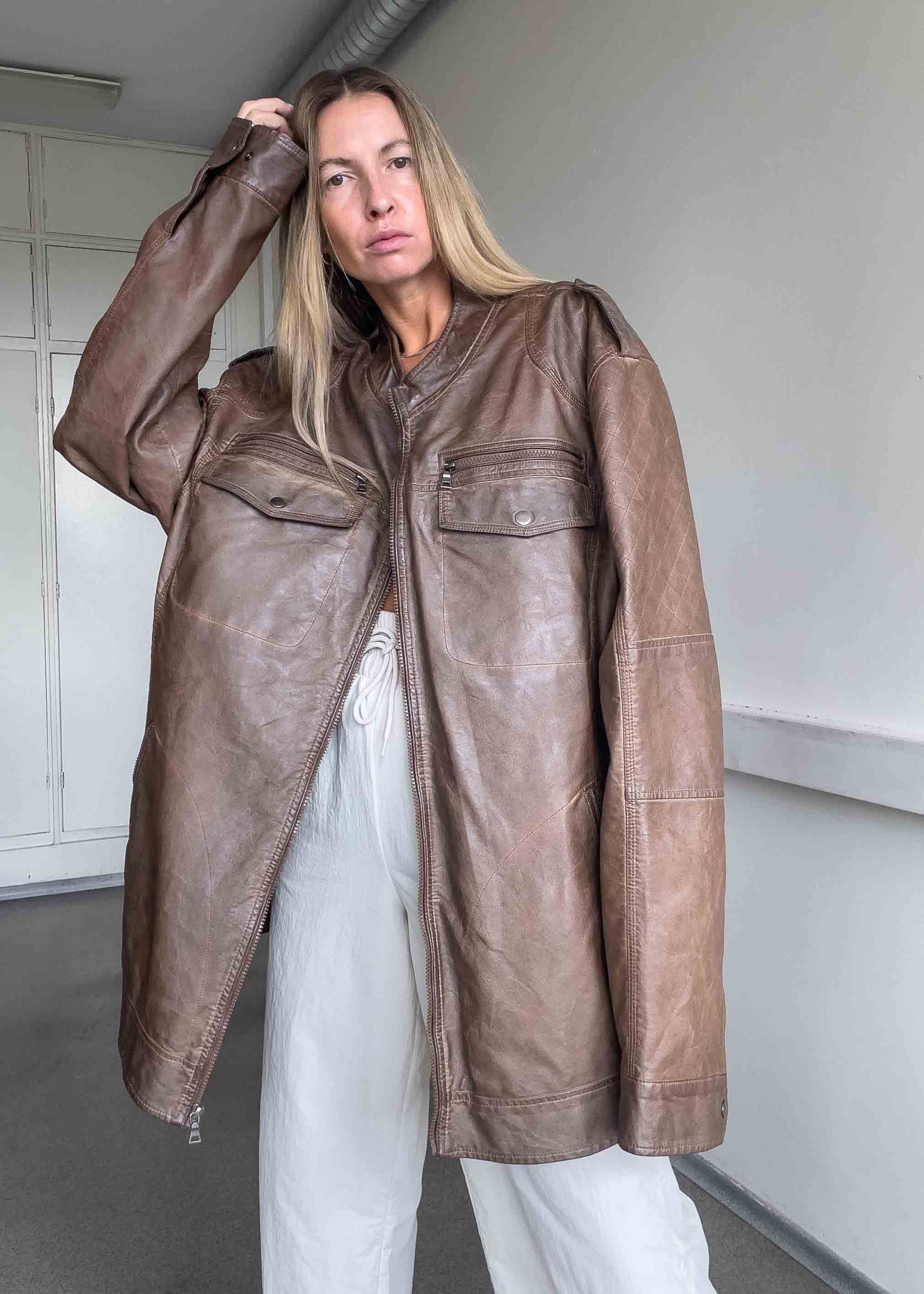 Vintage Brown Oversized FAUX Leather Coat