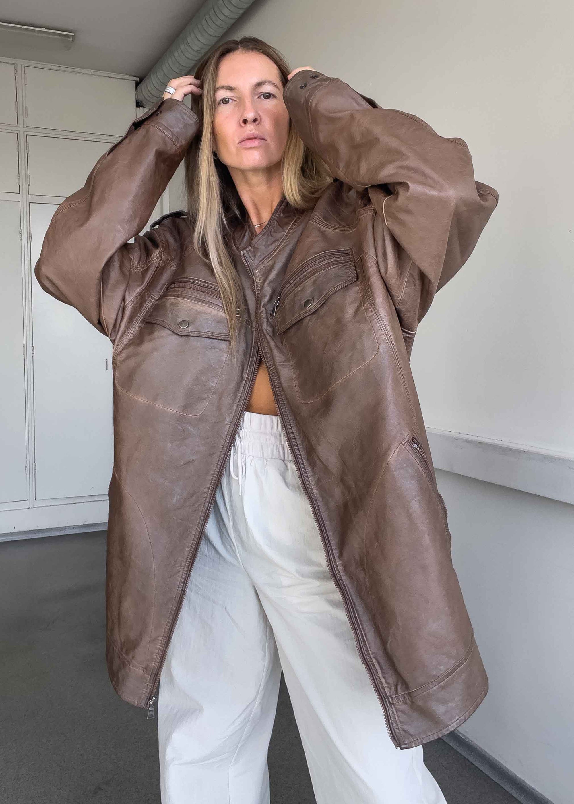 Vintage Brown Oversized FAUX Leather Coat