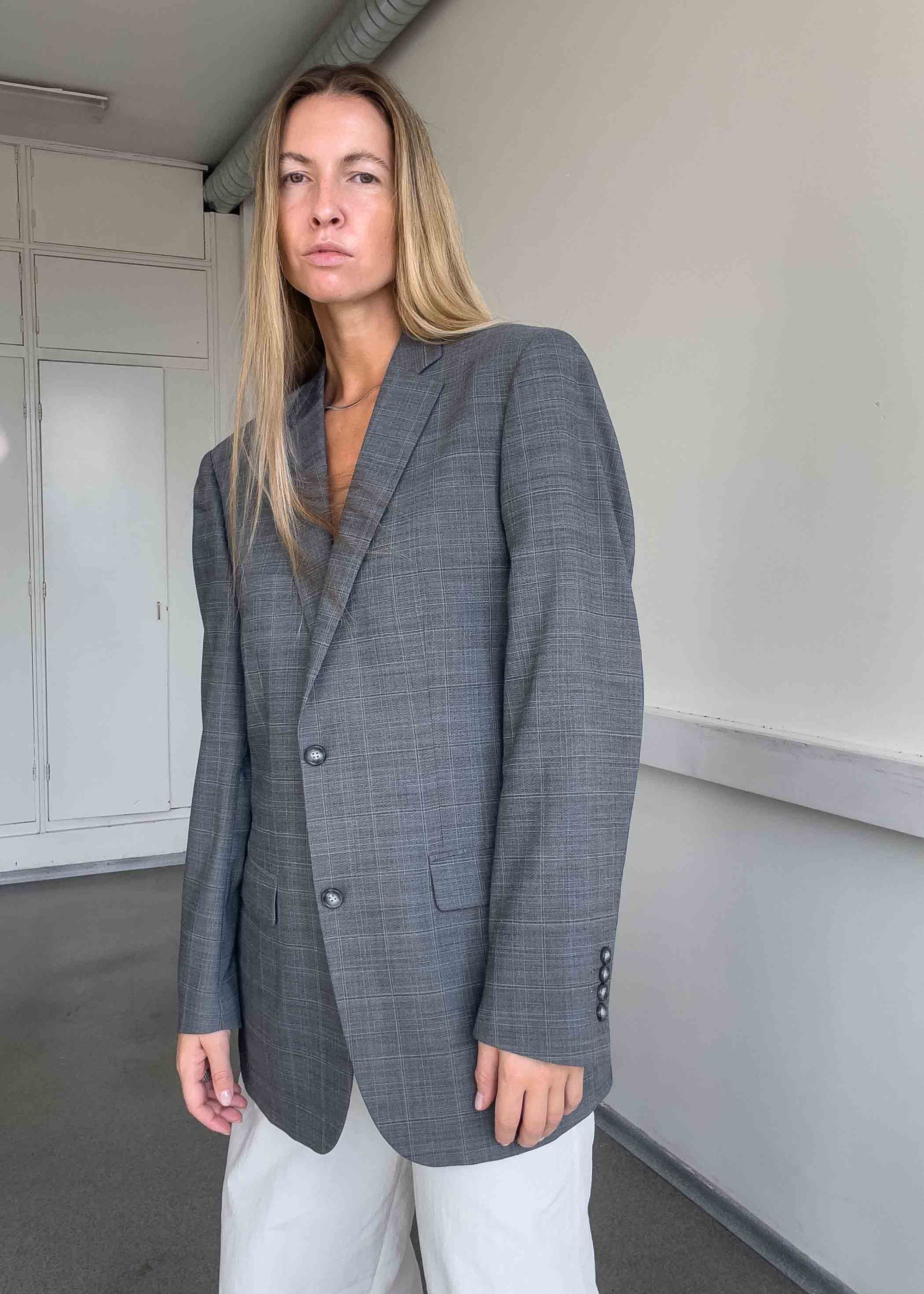 Vintage Grey Checked Oversized Blazer
