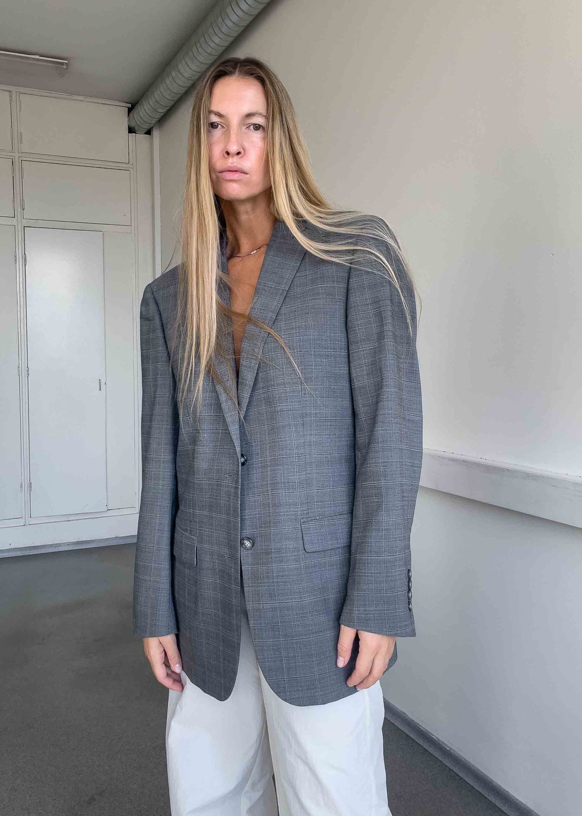 Vintage Grey Checked Oversized Blazer