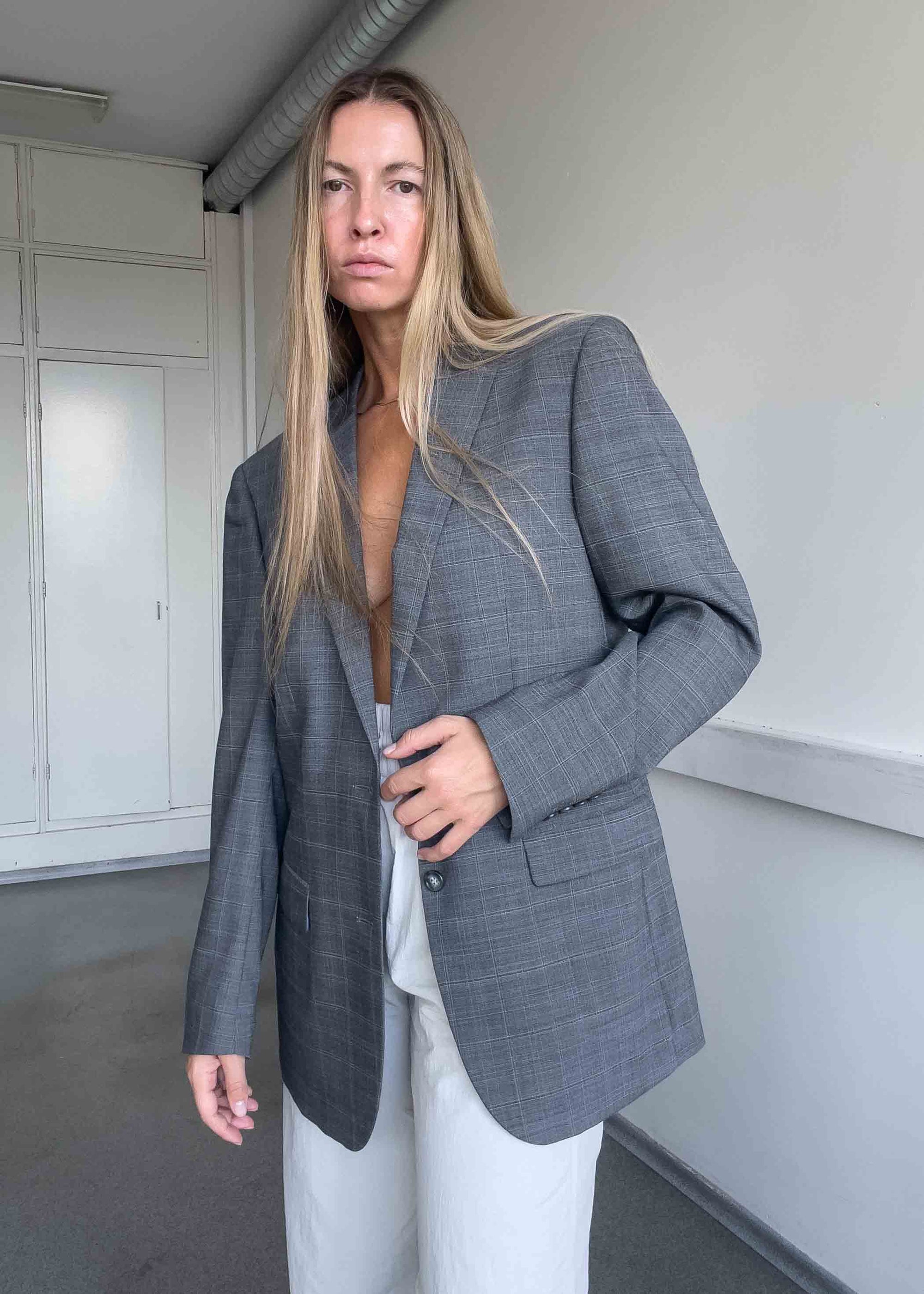 Vintage Grey Checked Oversized Blazer