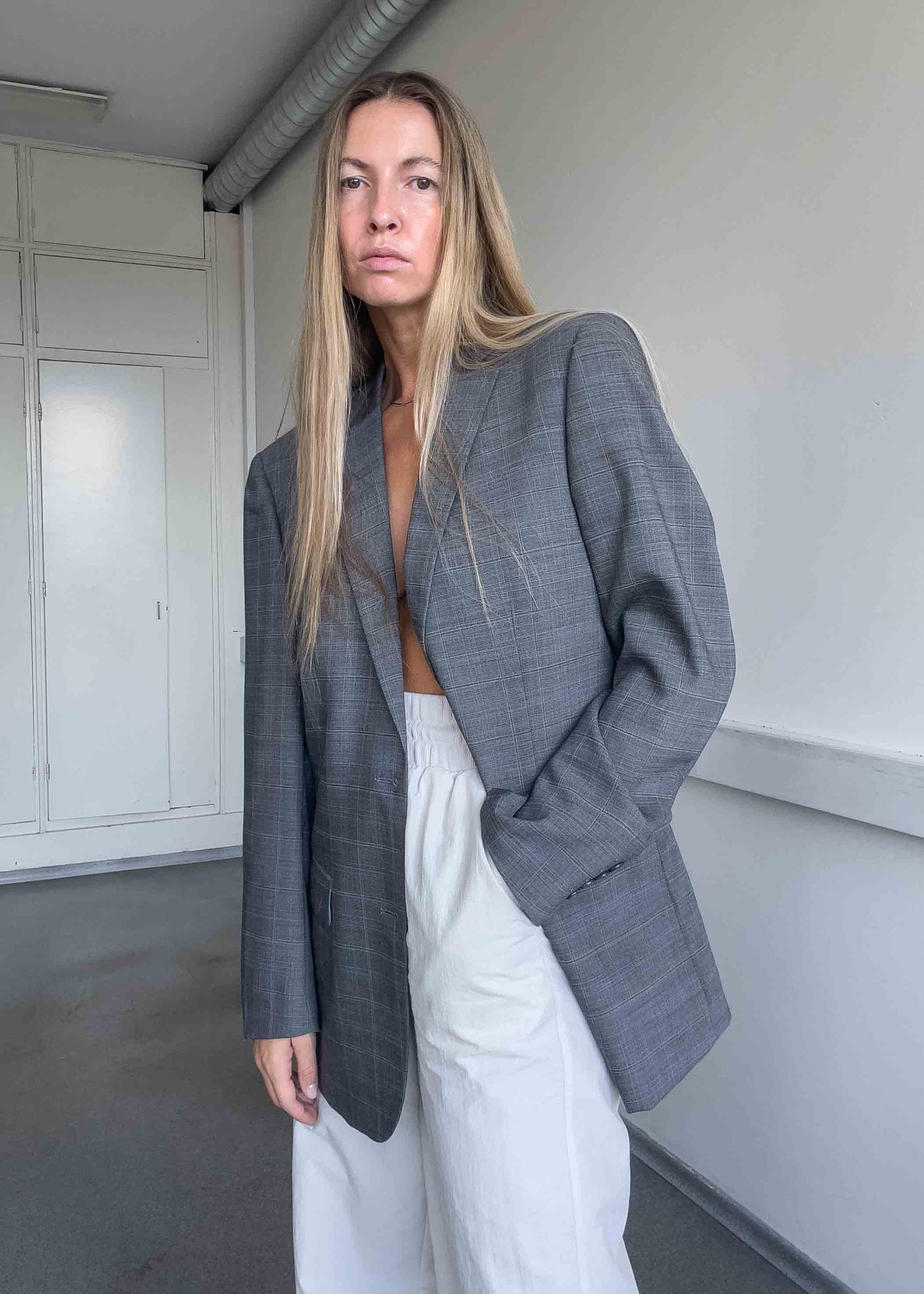 Vintage Grey Checked Oversized Blazer