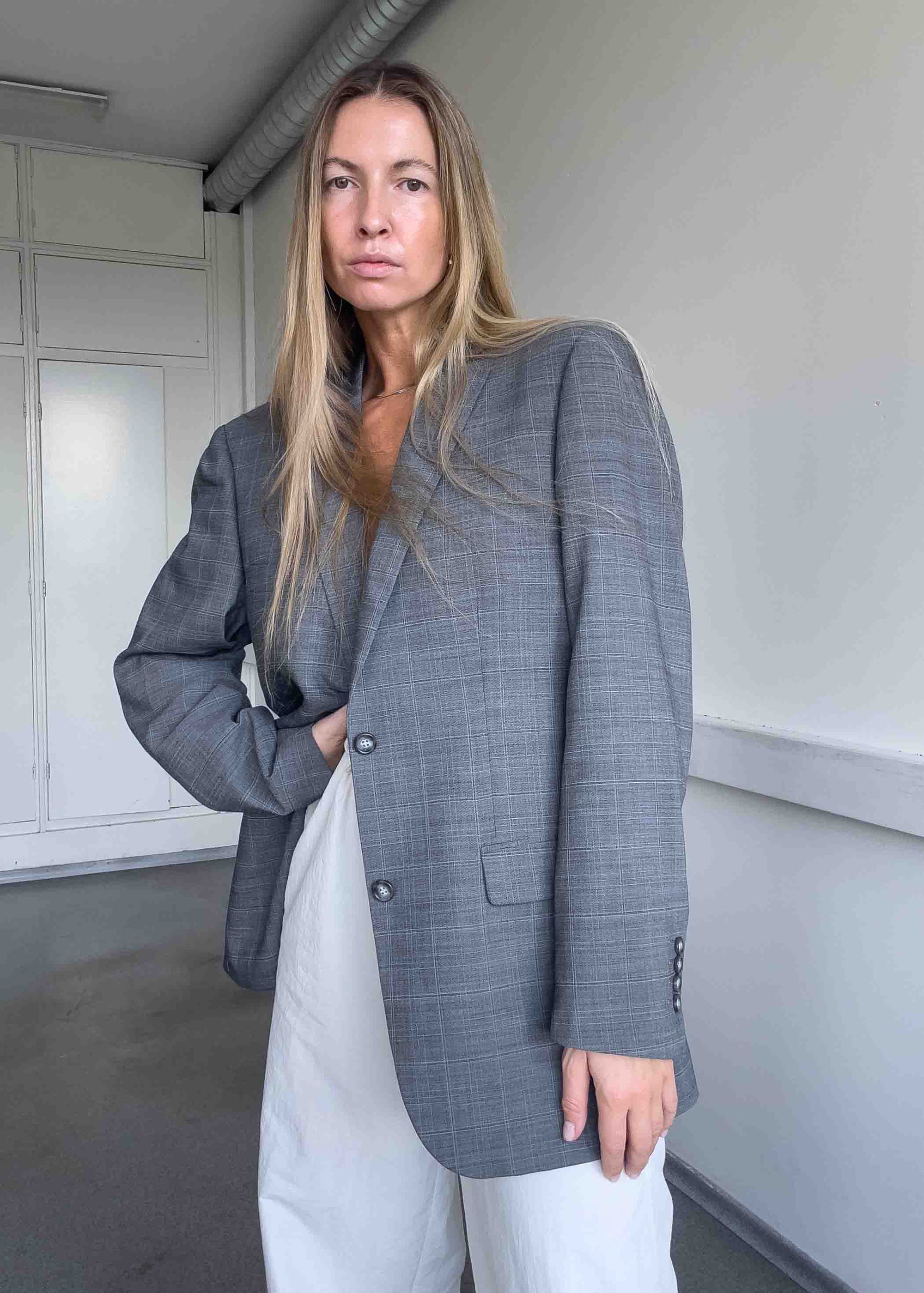 Vintage Grey Checked Oversized Blazer