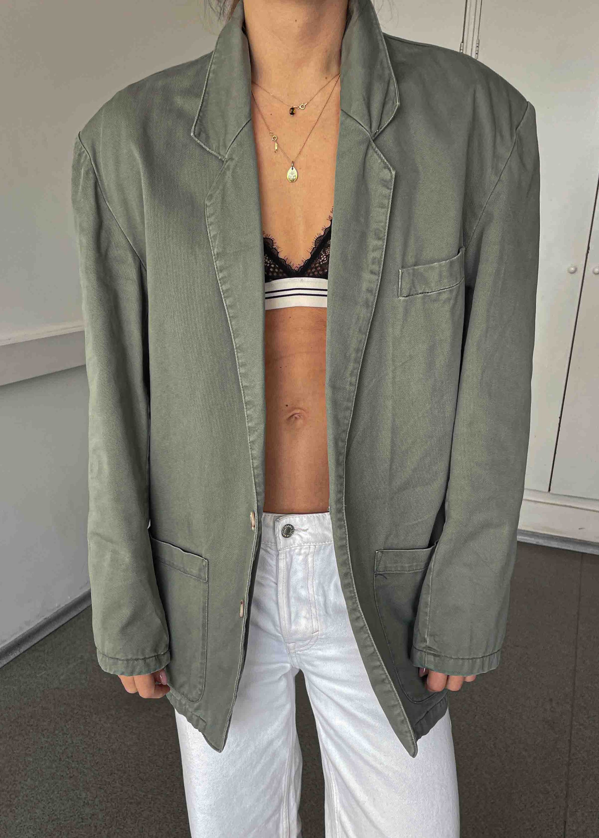 Vintage Sage Green Oversized Cotton Blazer