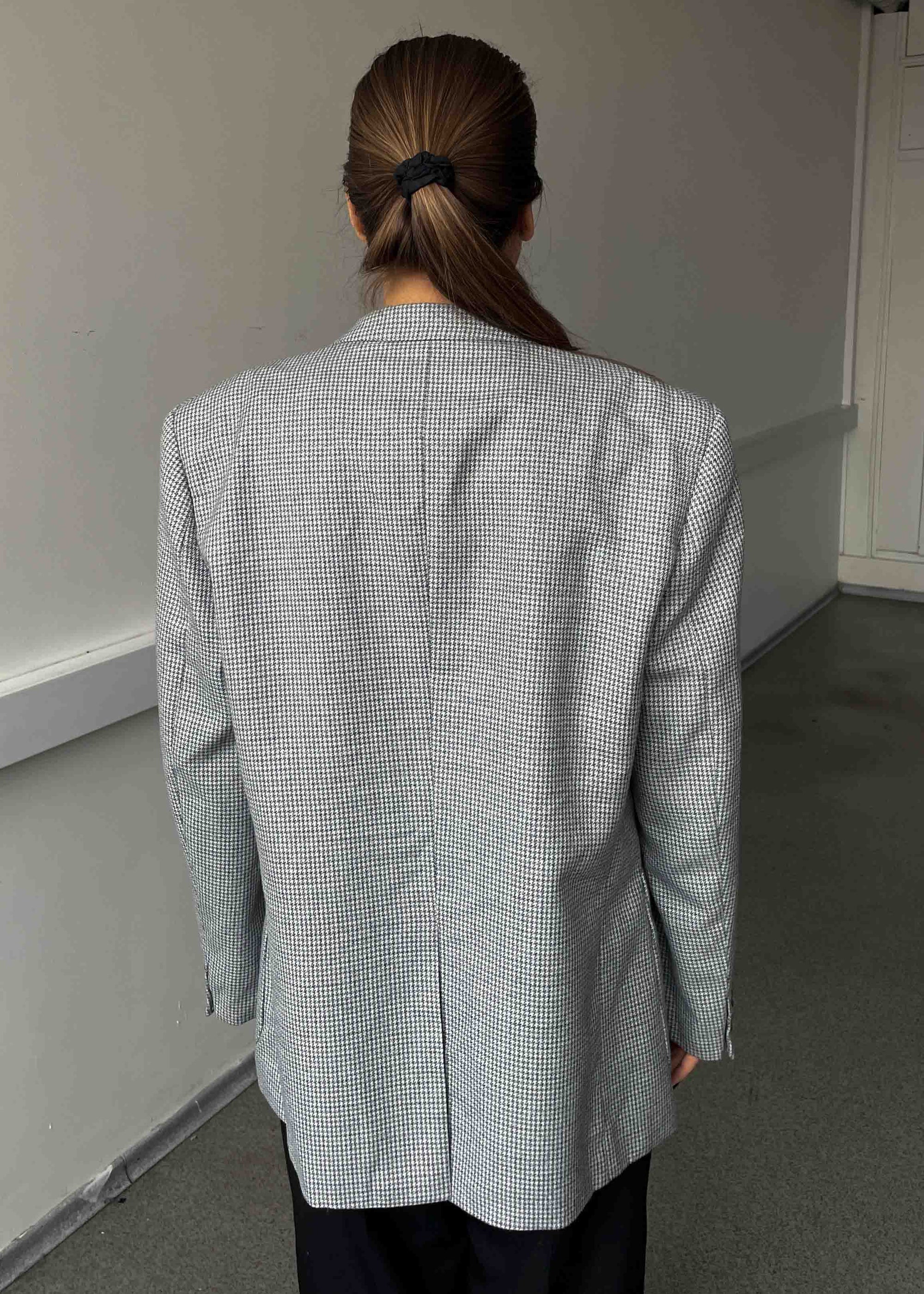 Vintage Grey Dogtooth Print Oversized Blazer
