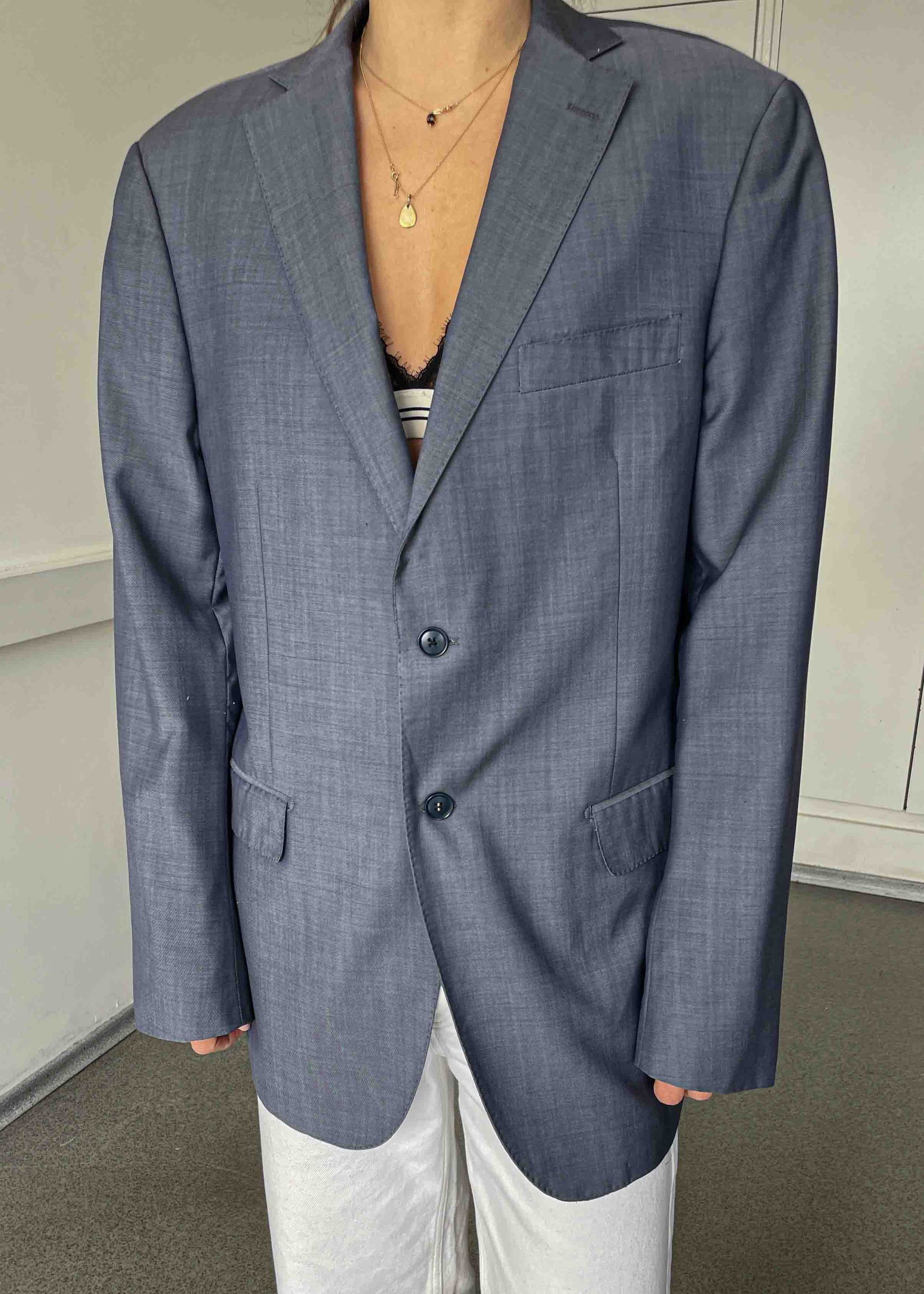 Vintage Blue Shiny Finish Oversized Blazer
