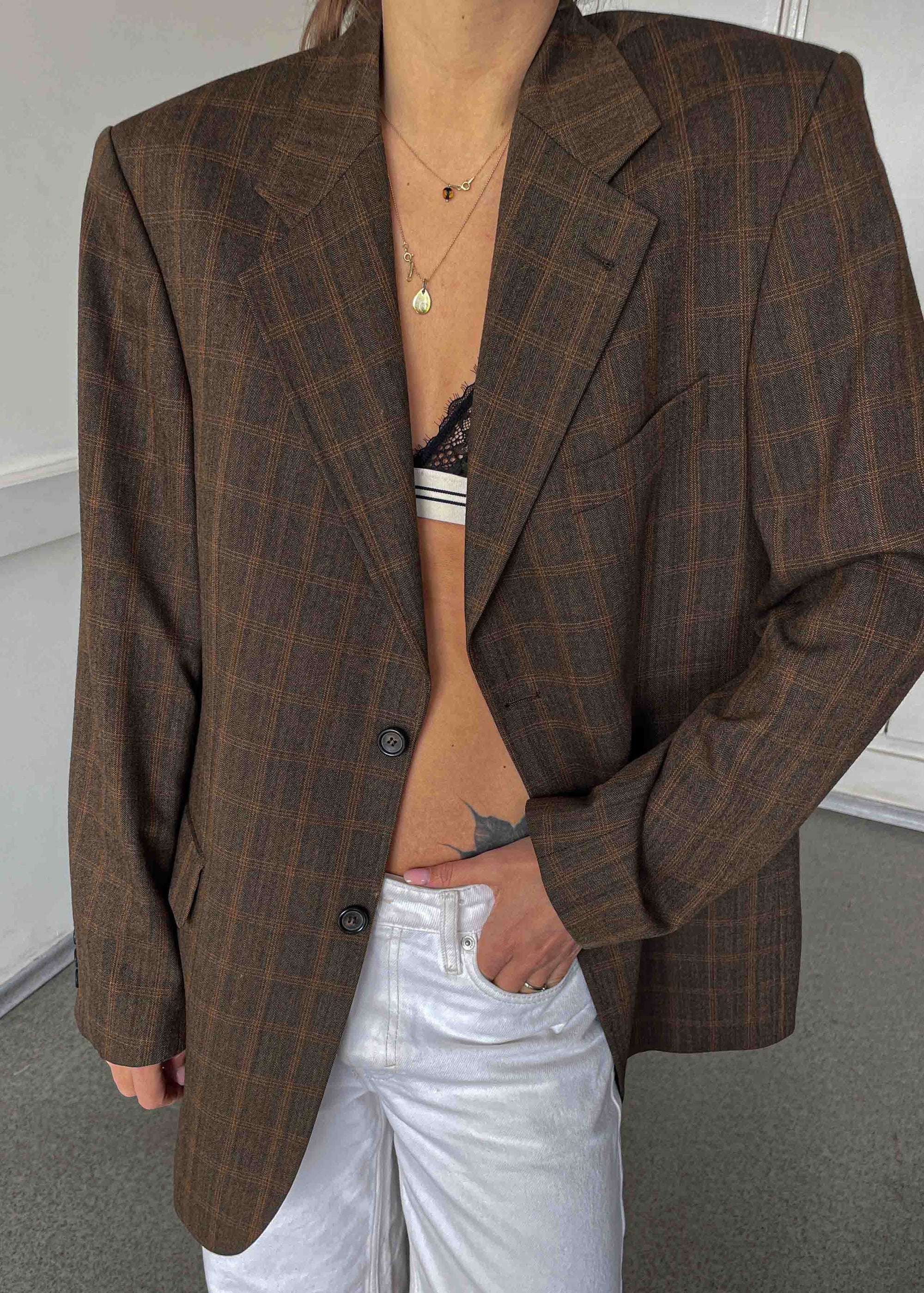 Vintage Brown Checked Oversized Blazer