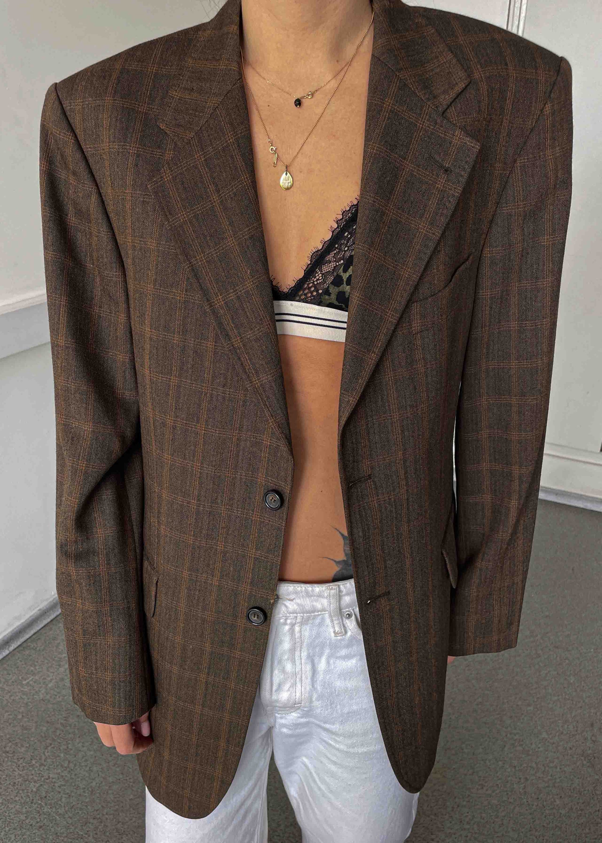 Vintage Brown Checked Oversized Blazer