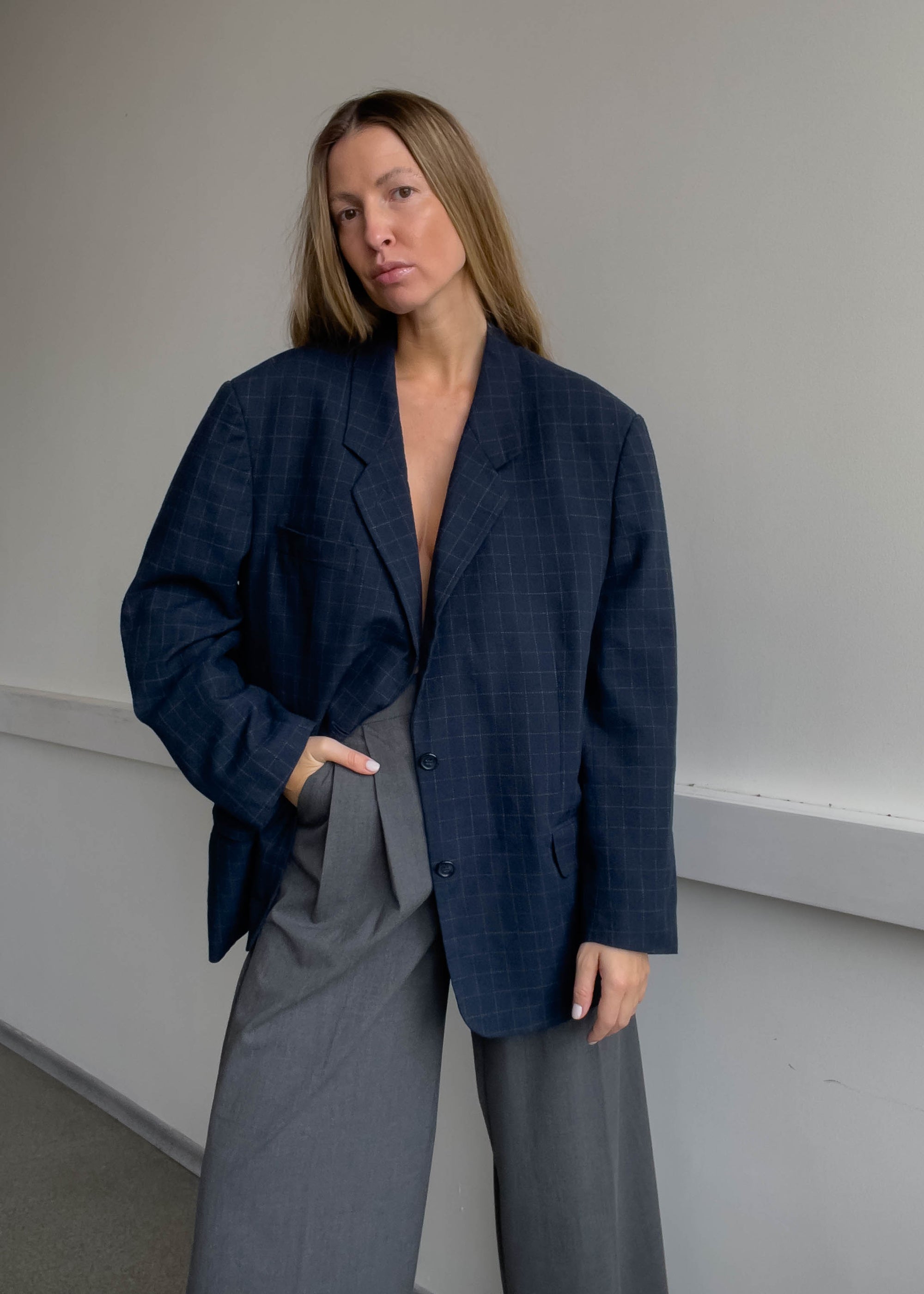 Vintage Blue Checked Oversized Blazer