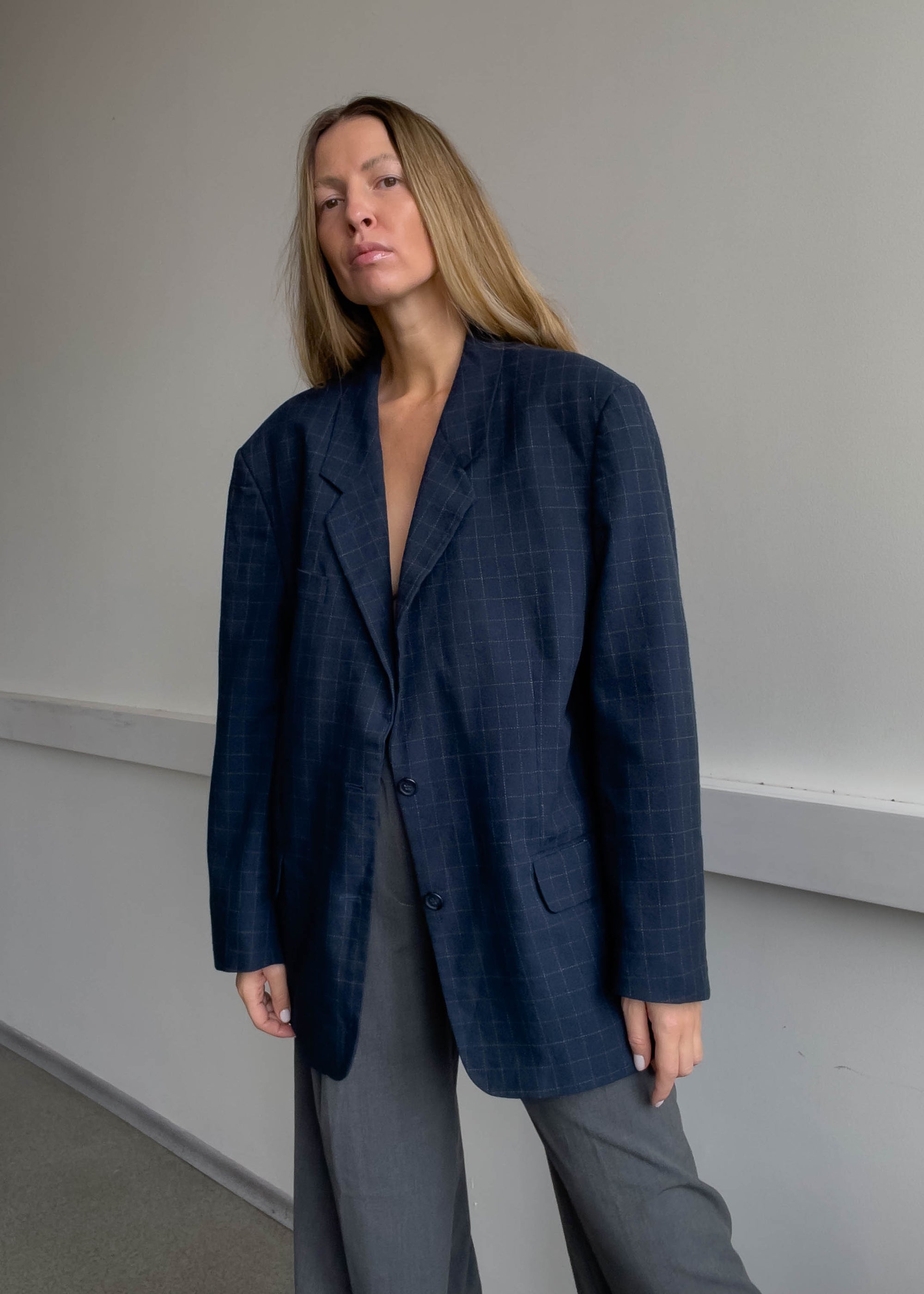 Vintage Blue Checked Oversized Blazer