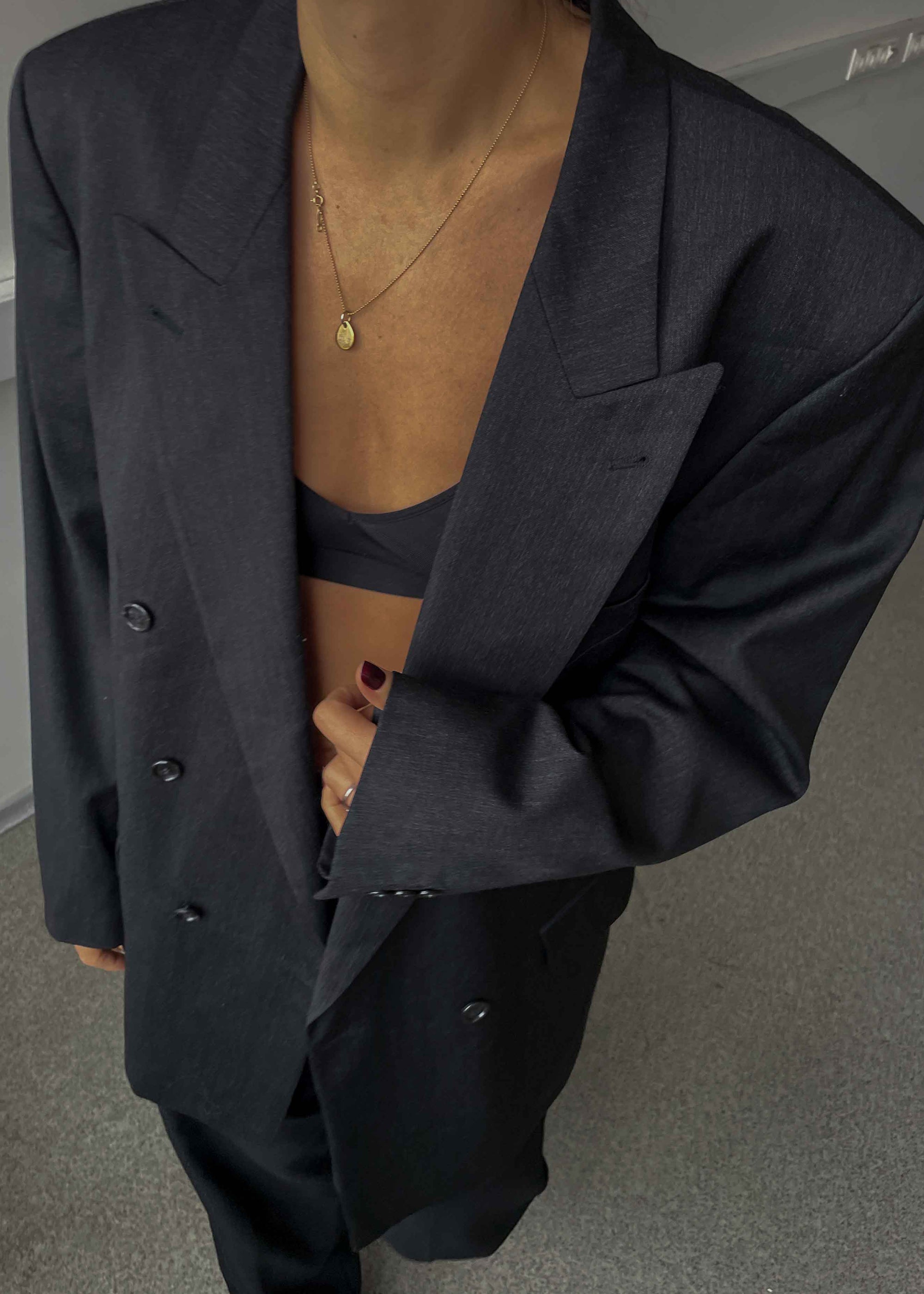 Vintage Dark Grey Oversized Double Breasted 100% WOOL Blazer