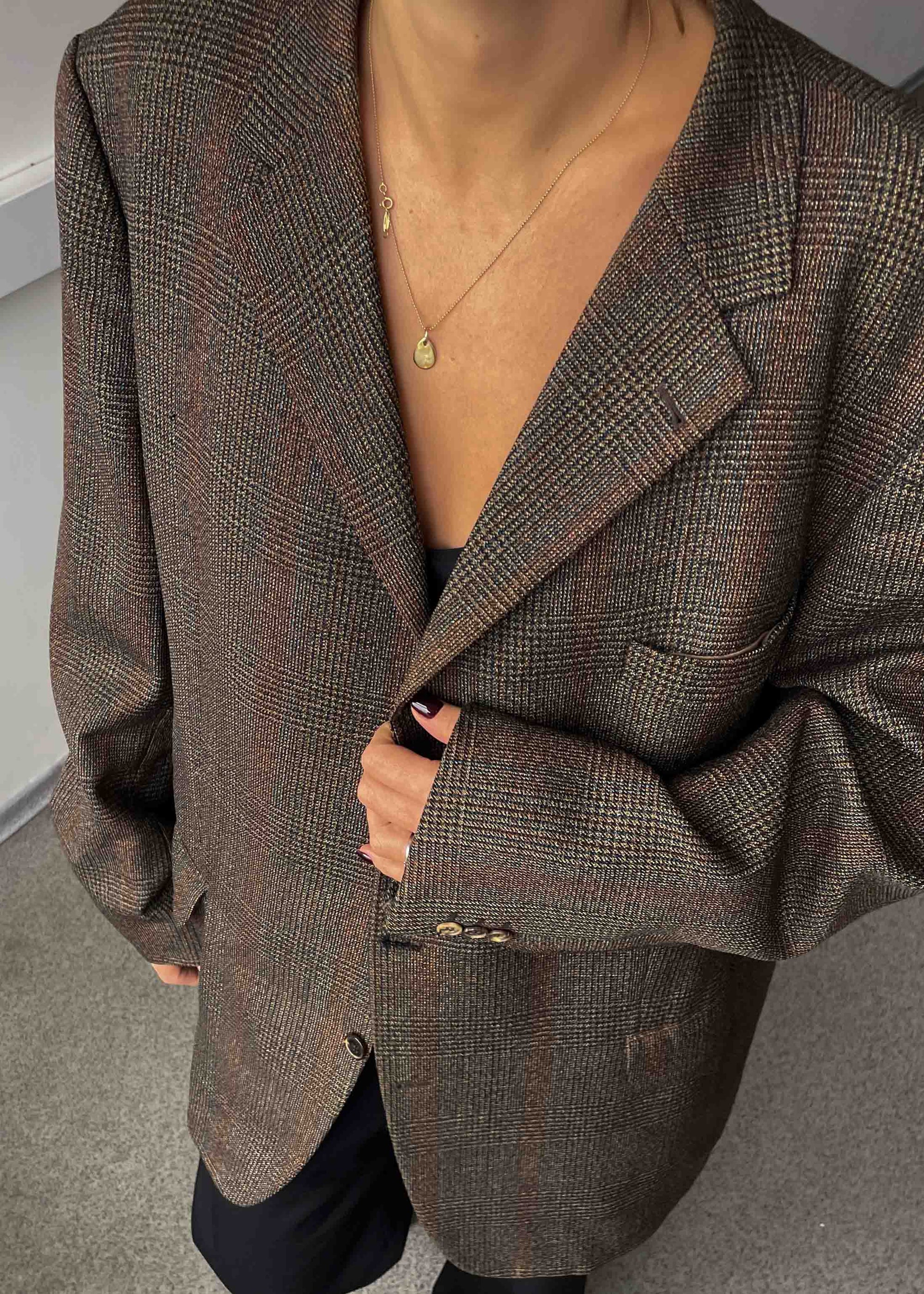 Vintage Brown Checked Oversized 100% WOOL Blazer