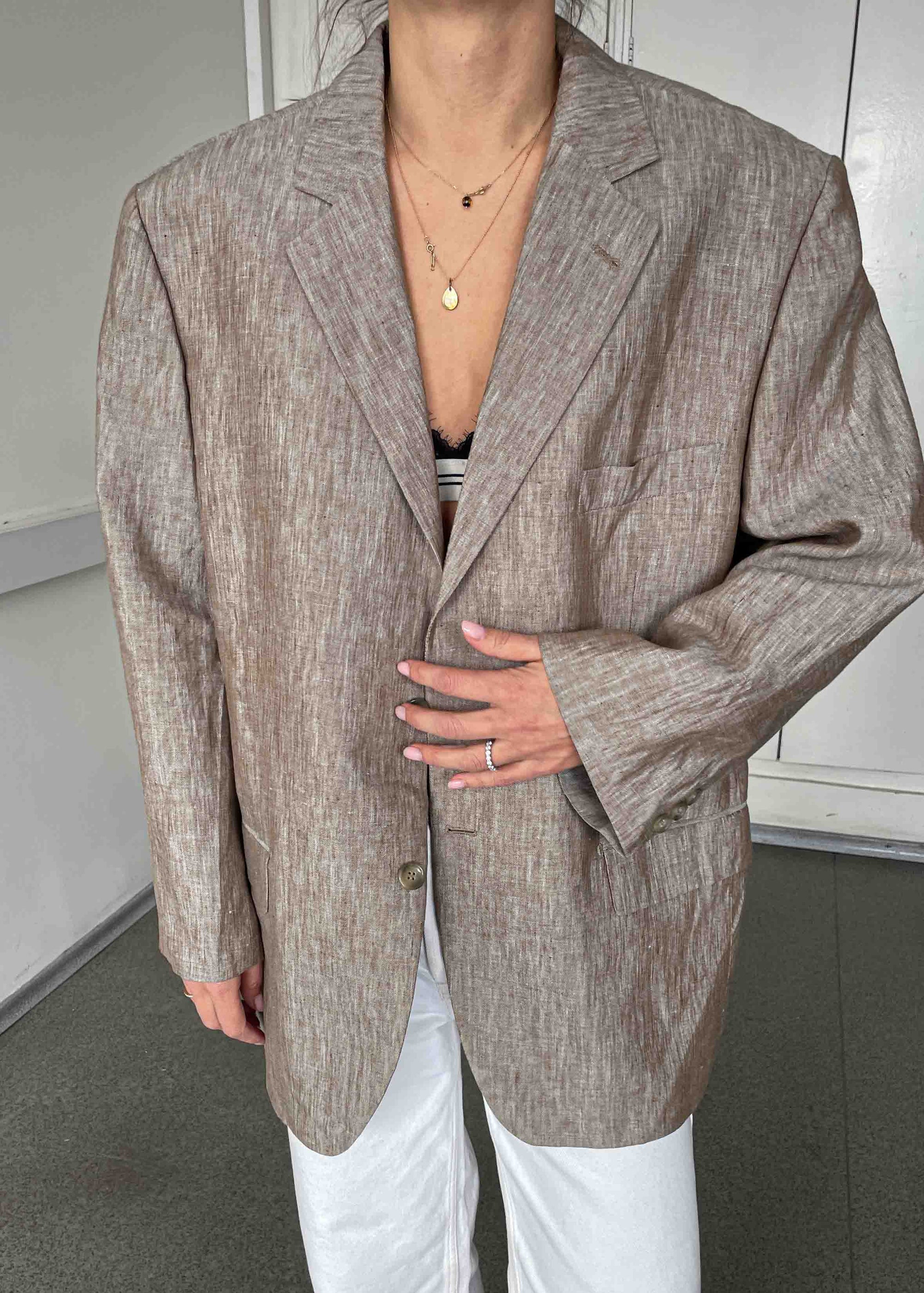 Vintage Beige/Brown Oversized 100% Linen Blazer