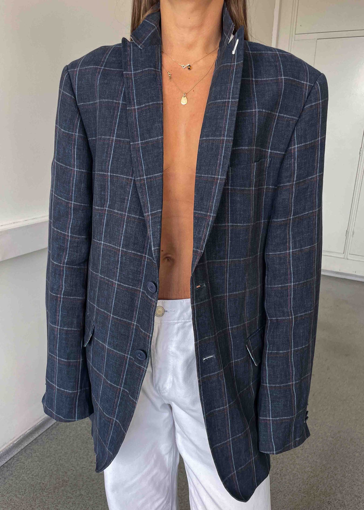 Vintage Blue Checked Oversized 100% Linen Blazer