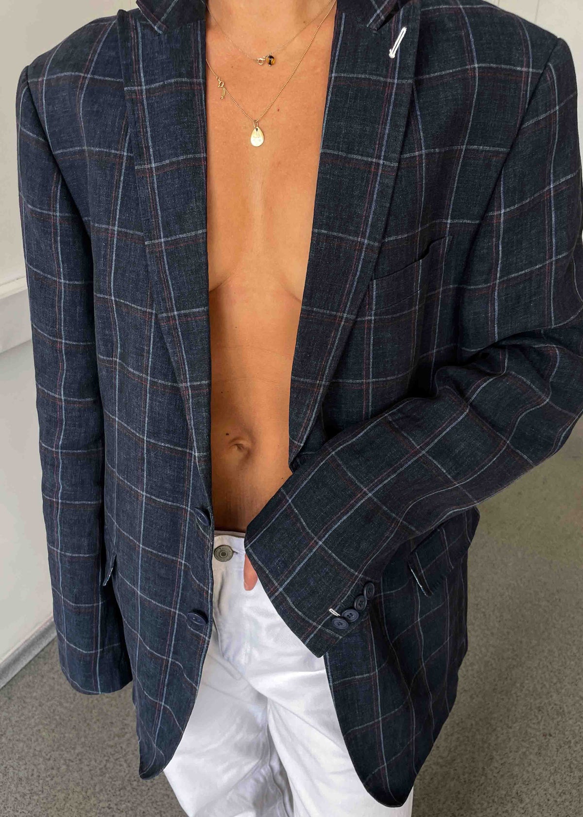 Vintage Blue Checked Oversized 100% Linen Blazer