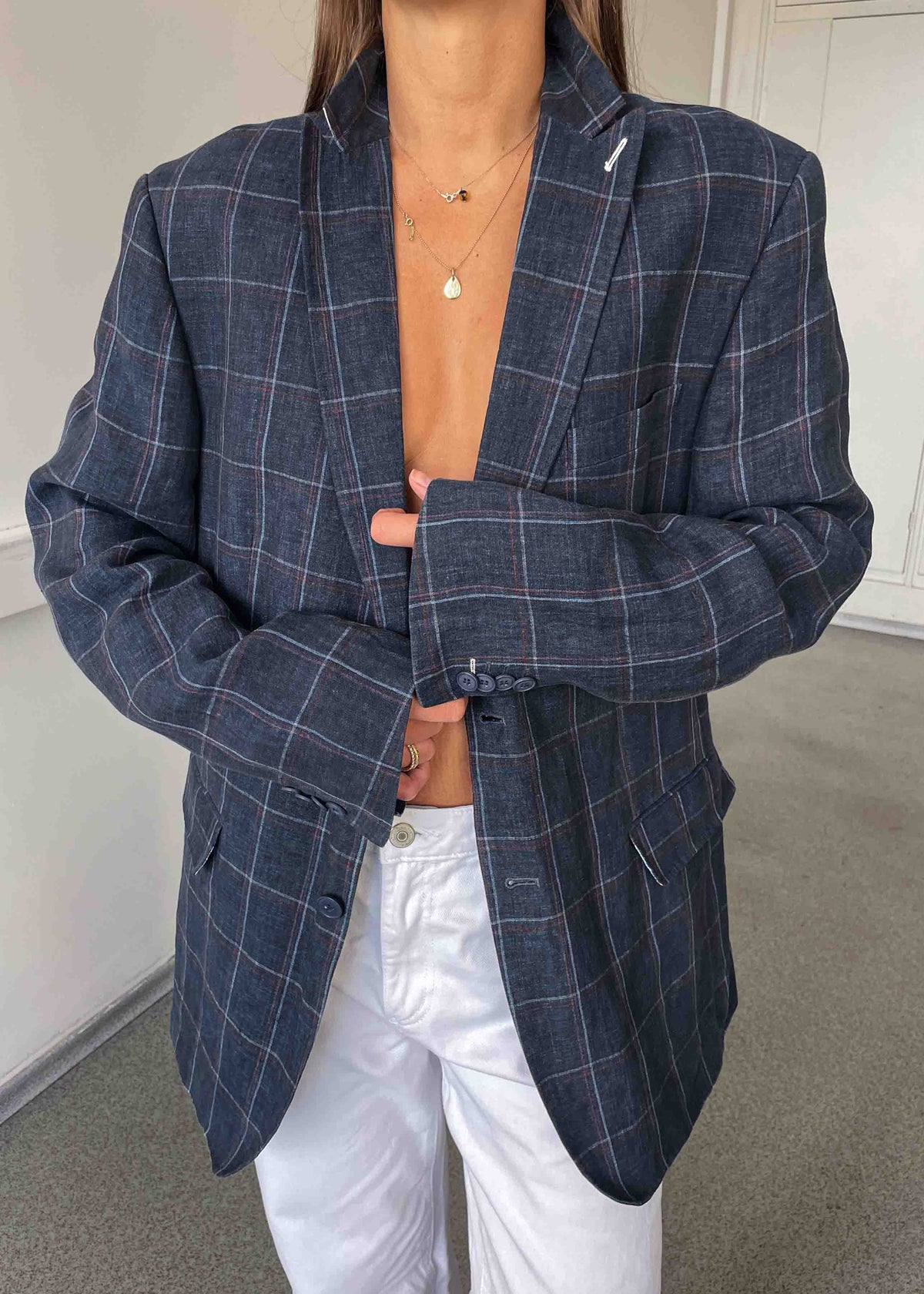 Vintage Blue Checked Oversized 100% Linen Blazer