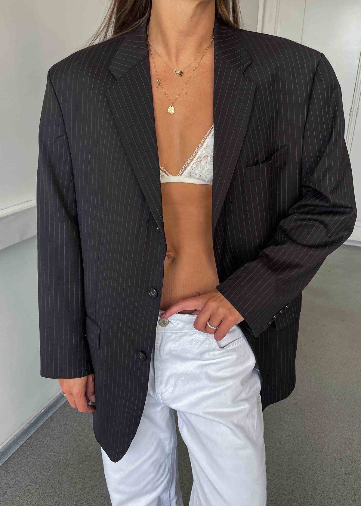 Vintage Brown Striped Oversized 100% WOOL Blazer by CALVIN KLEIN
