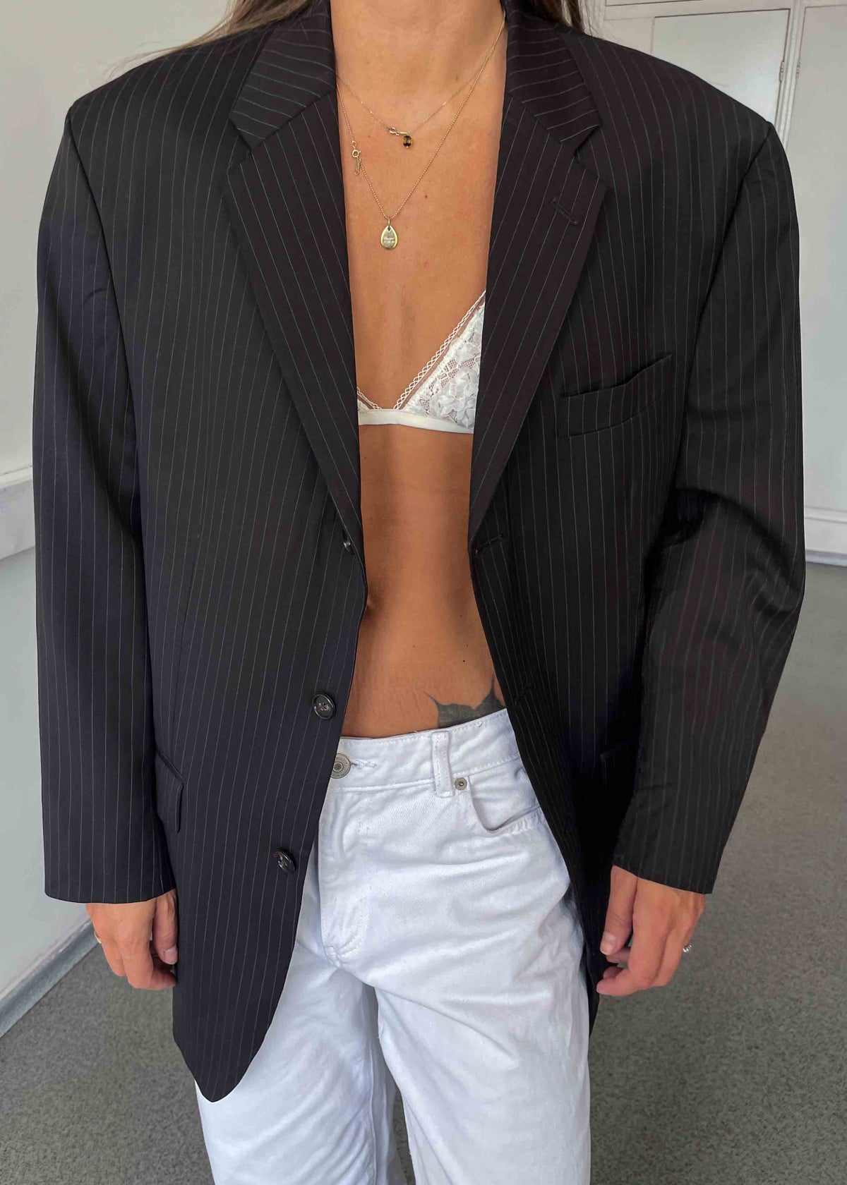 Vintage Brown Striped Oversized 100% WOOL Blazer by CALVIN KLEIN