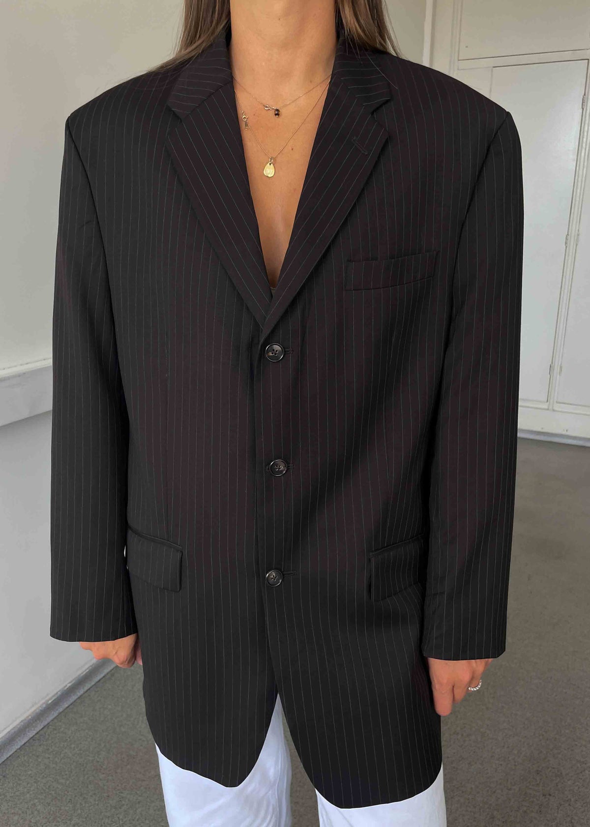 Vintage Brown Striped Oversized 100% WOOL Blazer by CALVIN KLEIN