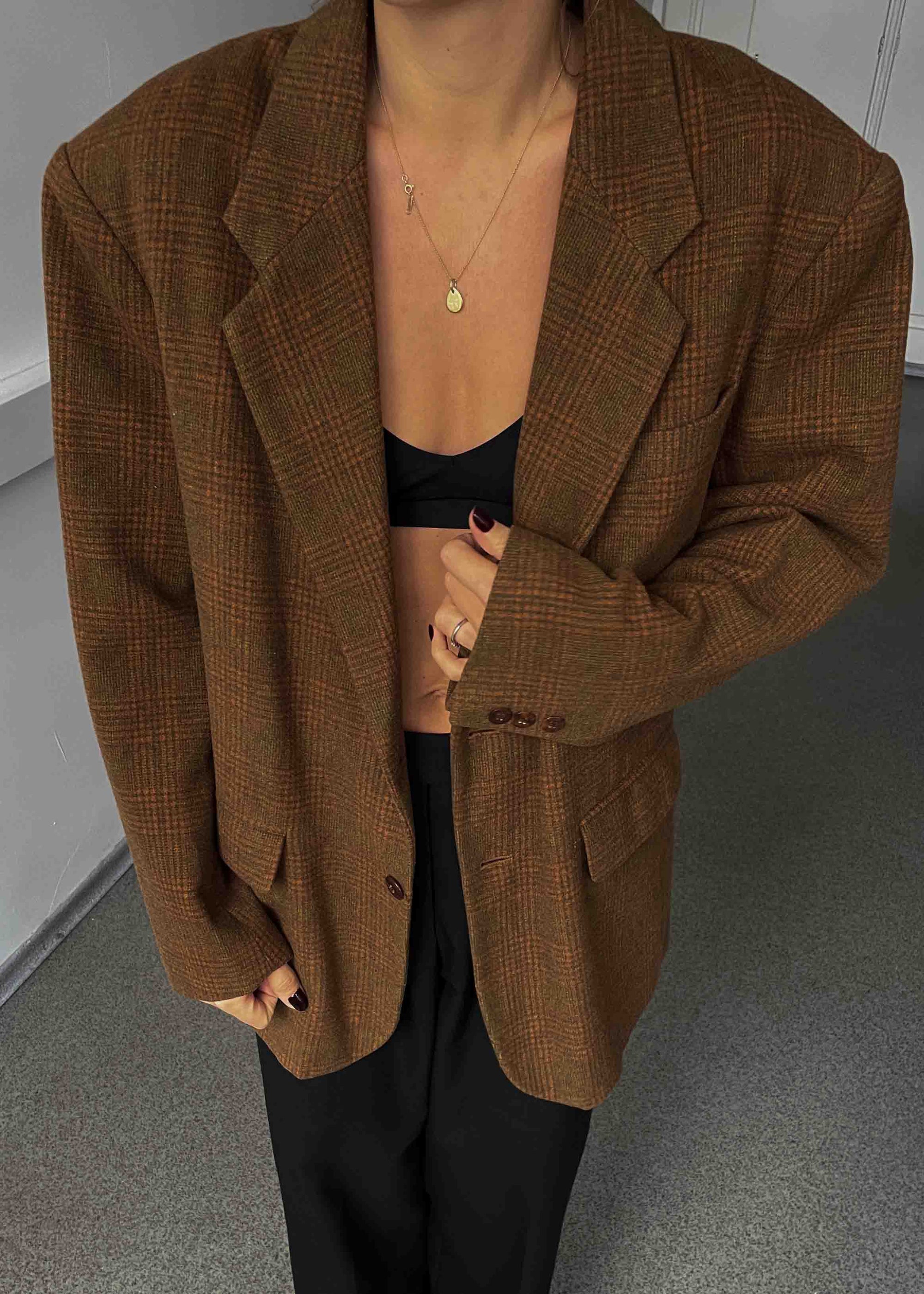 Vintage Orange Brown Checked Oversized Brushed Wool Blazer