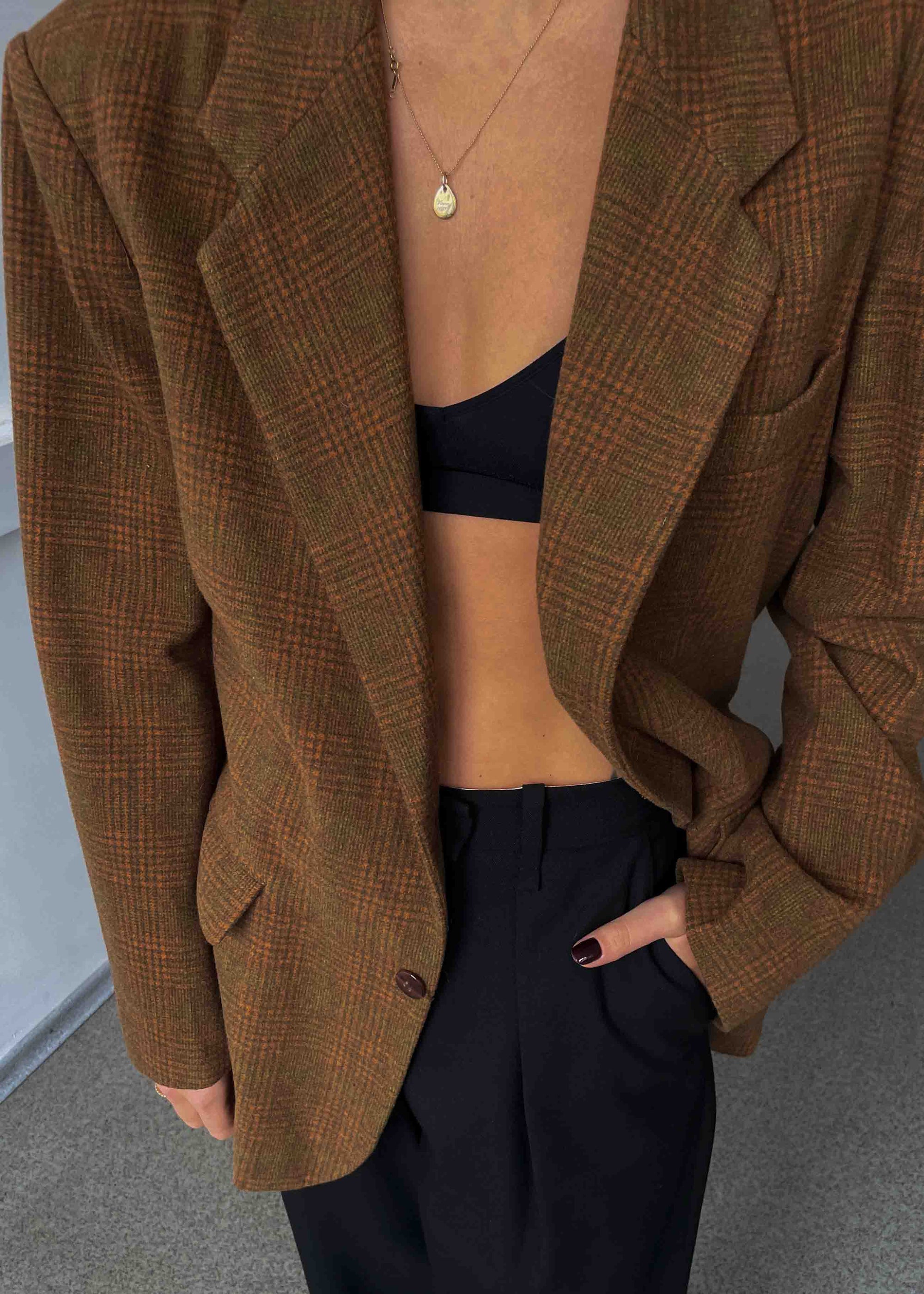 Vintage Orange Brown Checked Oversized Brushed Wool Blazer