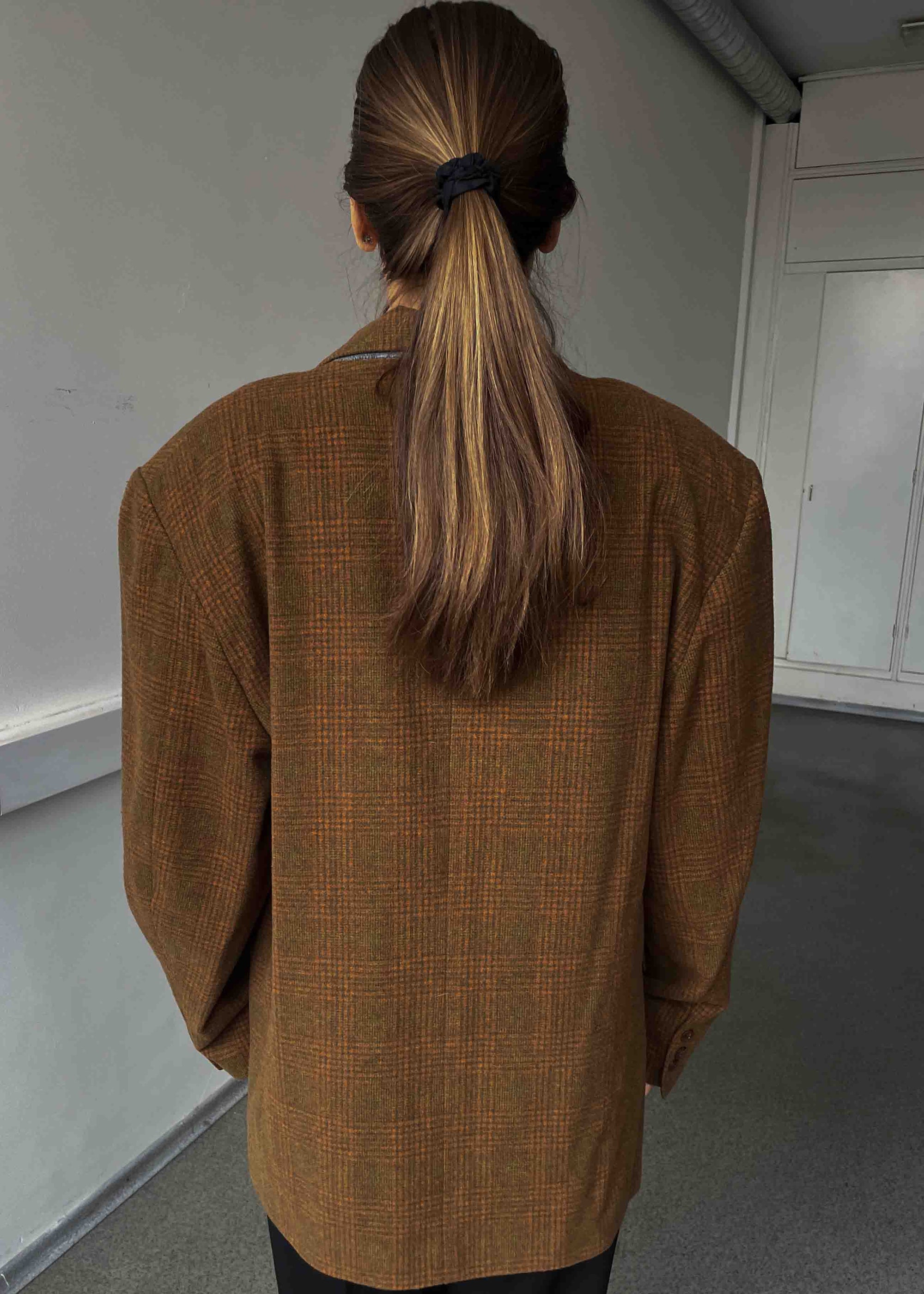 Vintage Orange Brown Checked Oversized Brushed Wool Blazer