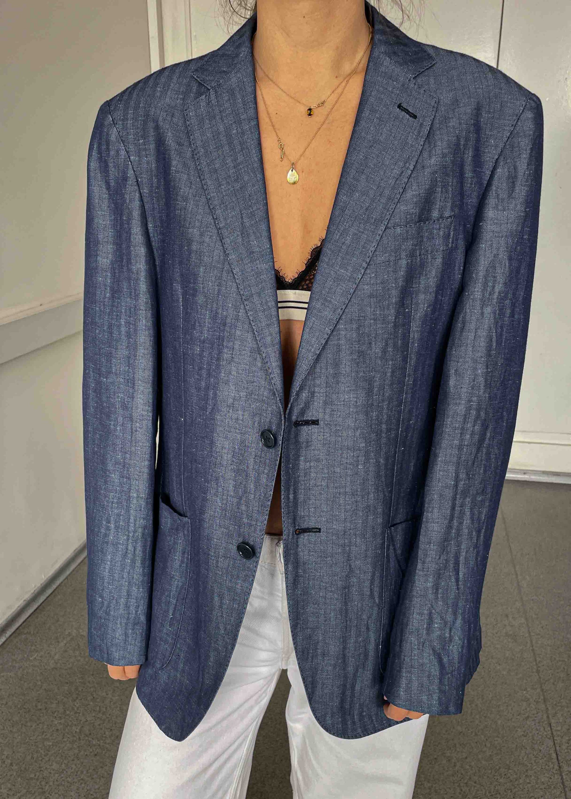 Vintage Blue Light Weight Linen Oversized Blazer by BOGGI