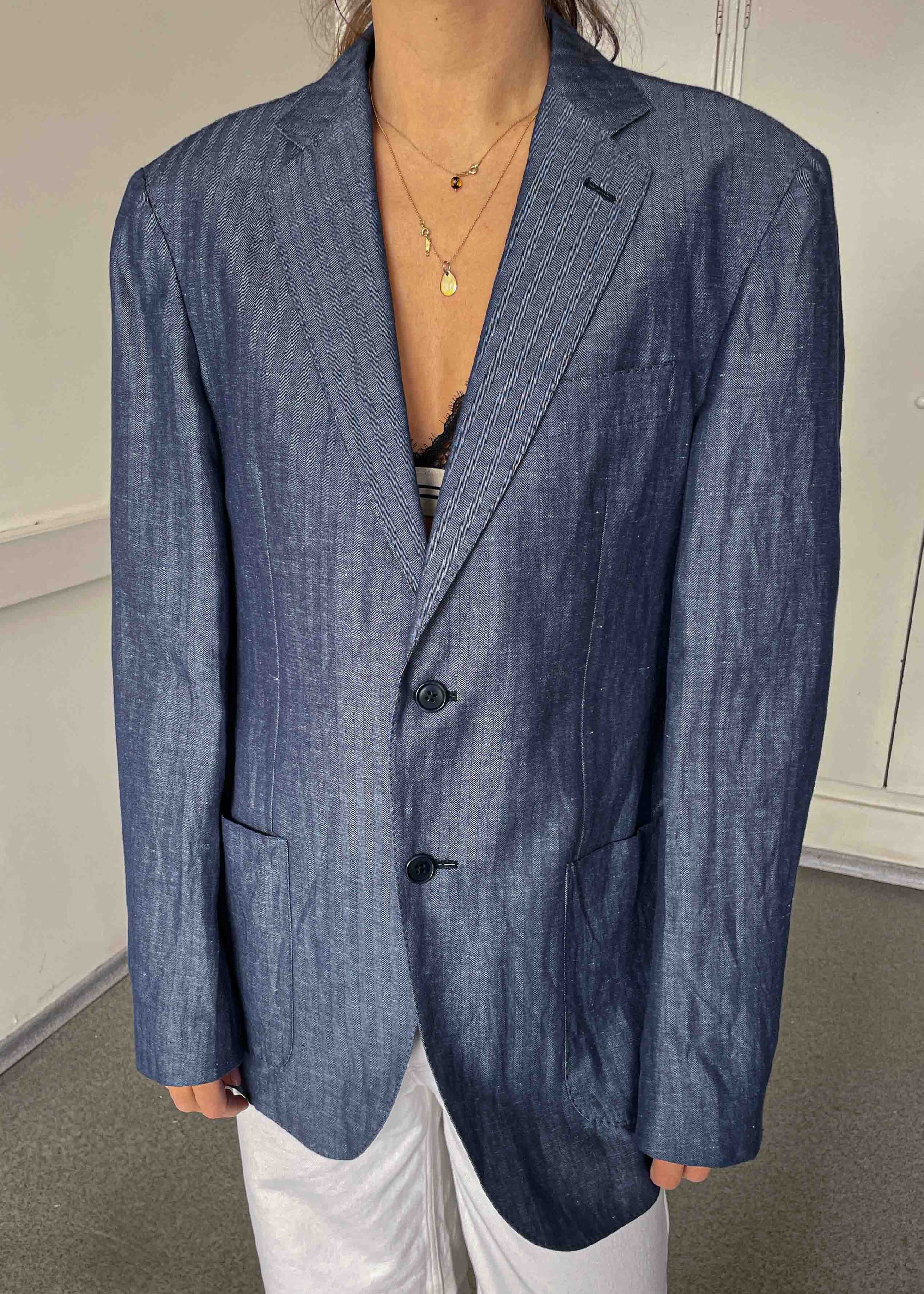 Vintage Blue Light Weight Linen Oversized Blazer by BOGGI