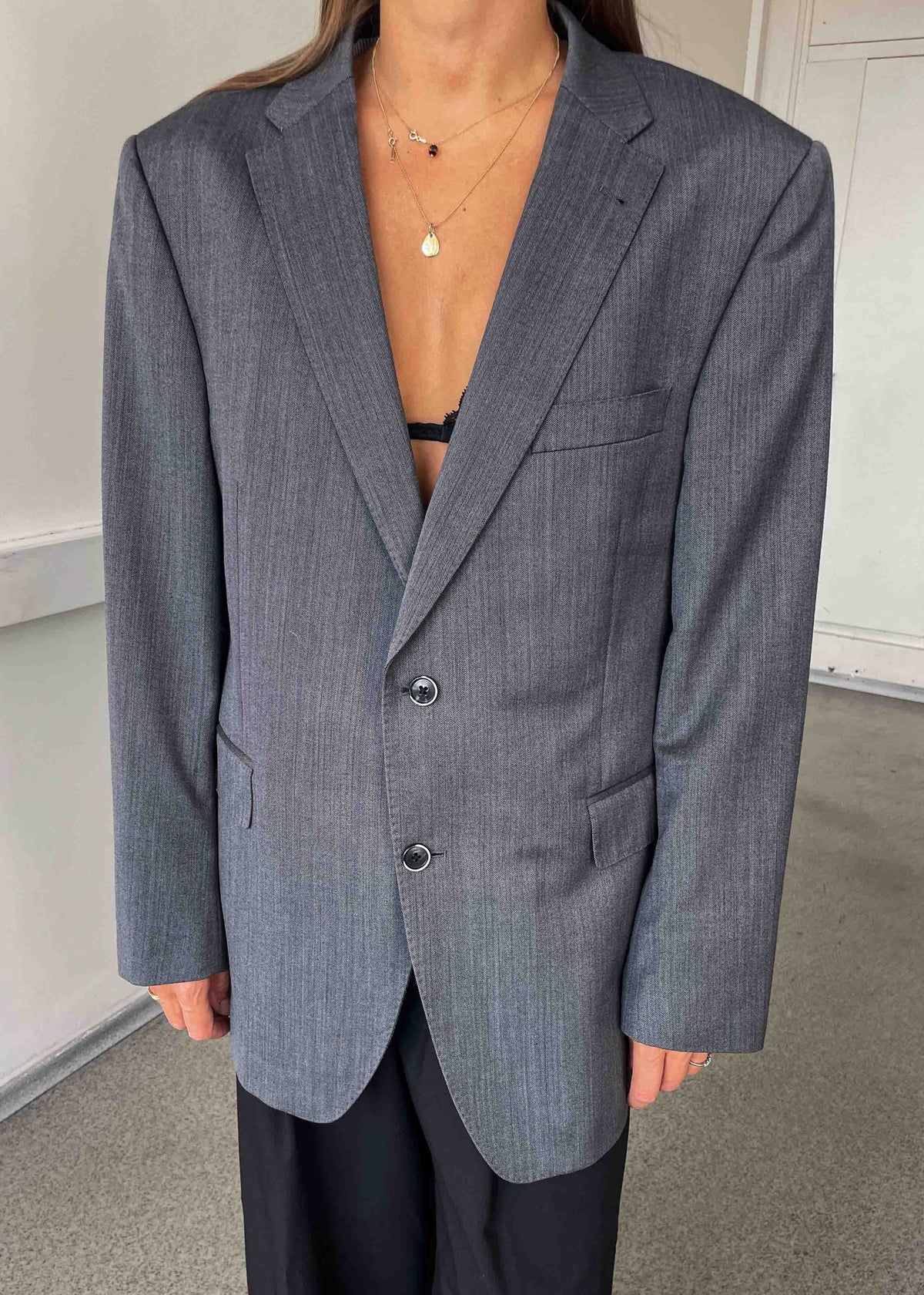 Vintage Grey Patterned Oversized 100% WOOL Blazer