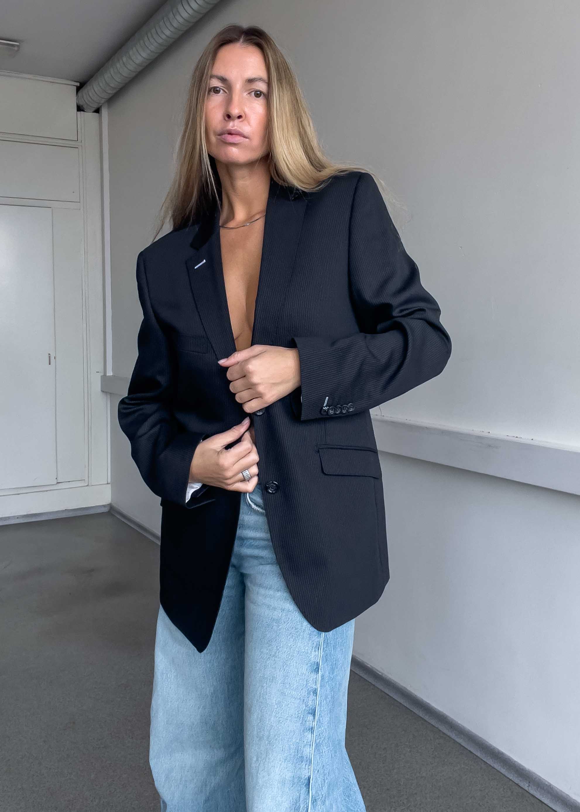 Vintage Black Stripy Oversized Blazer