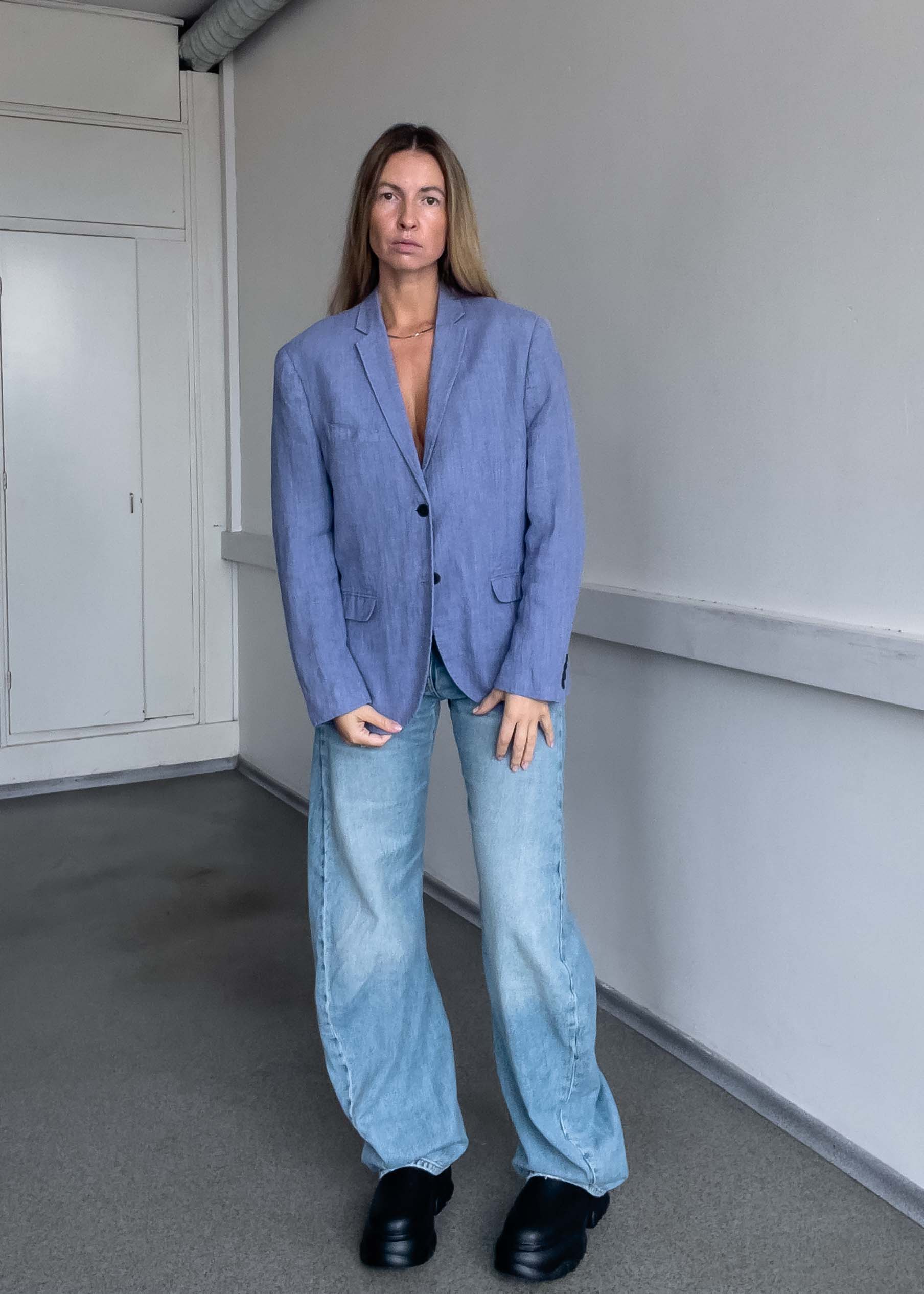 Vintage Light Blue Oversized Linen Blazer
