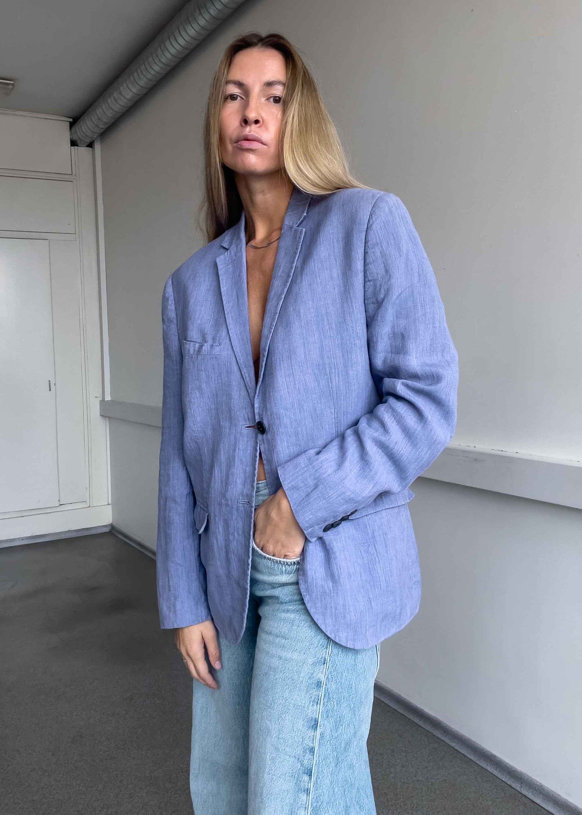 Vintage Light Blue Oversized Linen Blazer