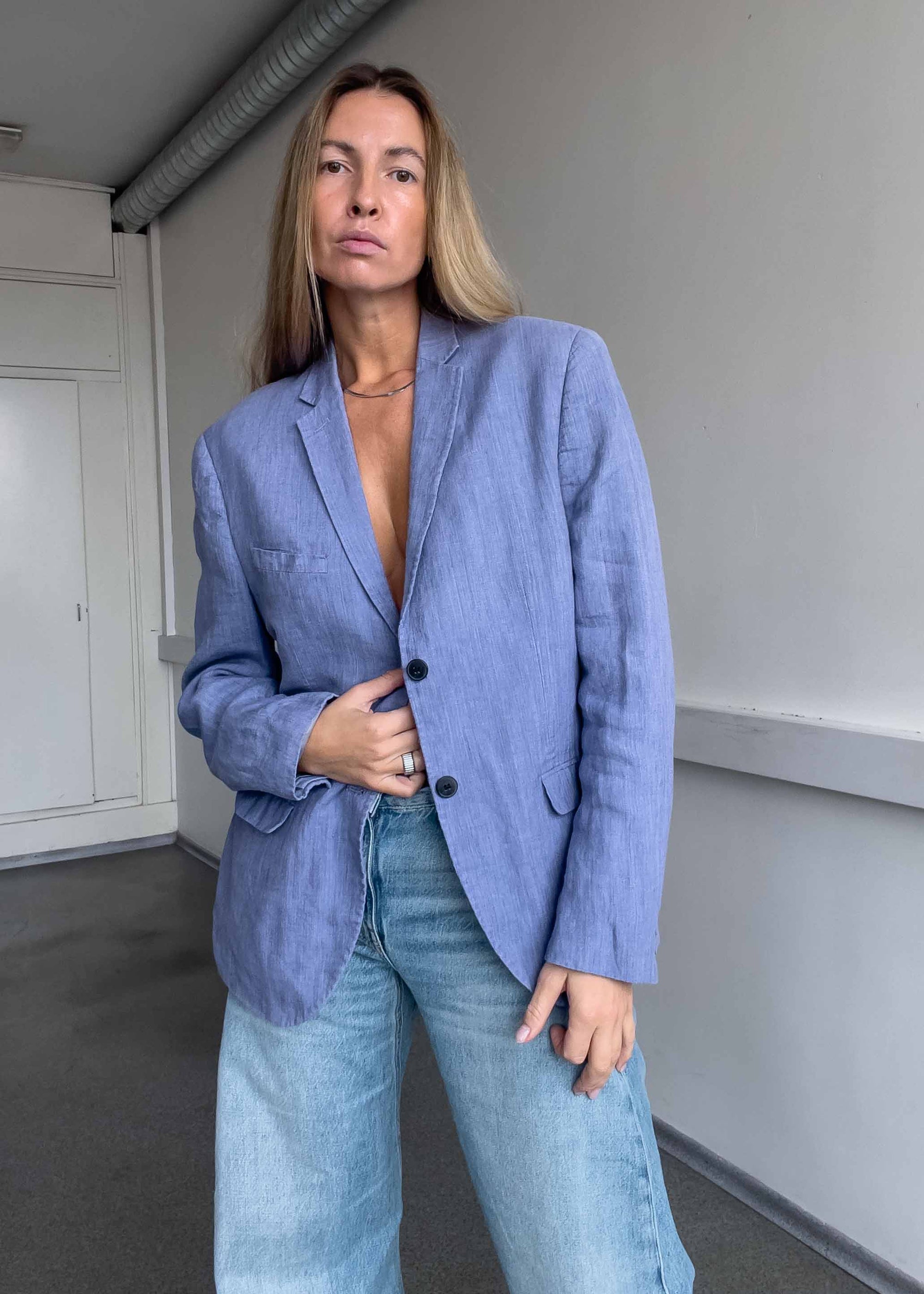 Vintage Light Blue Oversized Linen Blazer