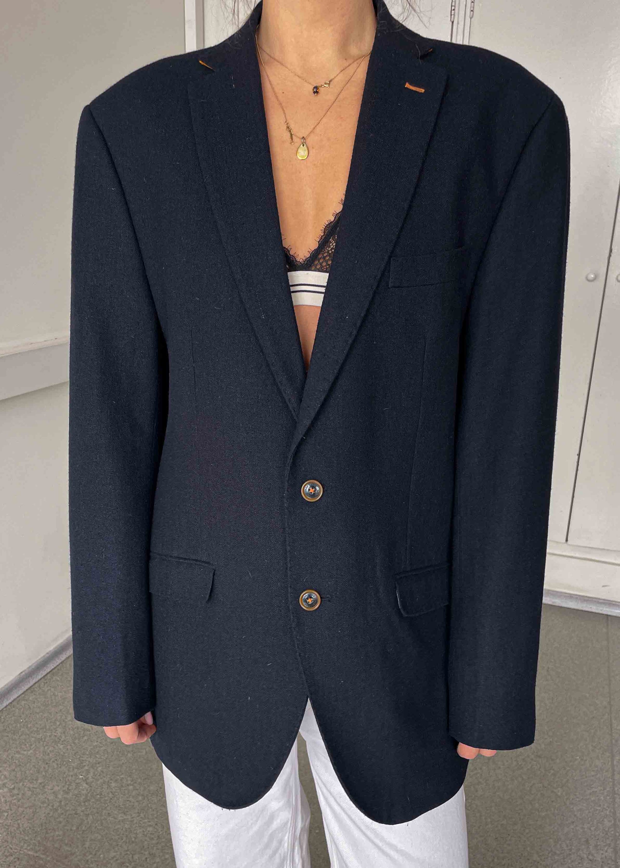 Vintage Navy Blue Patterned Oversized Wool Blazer