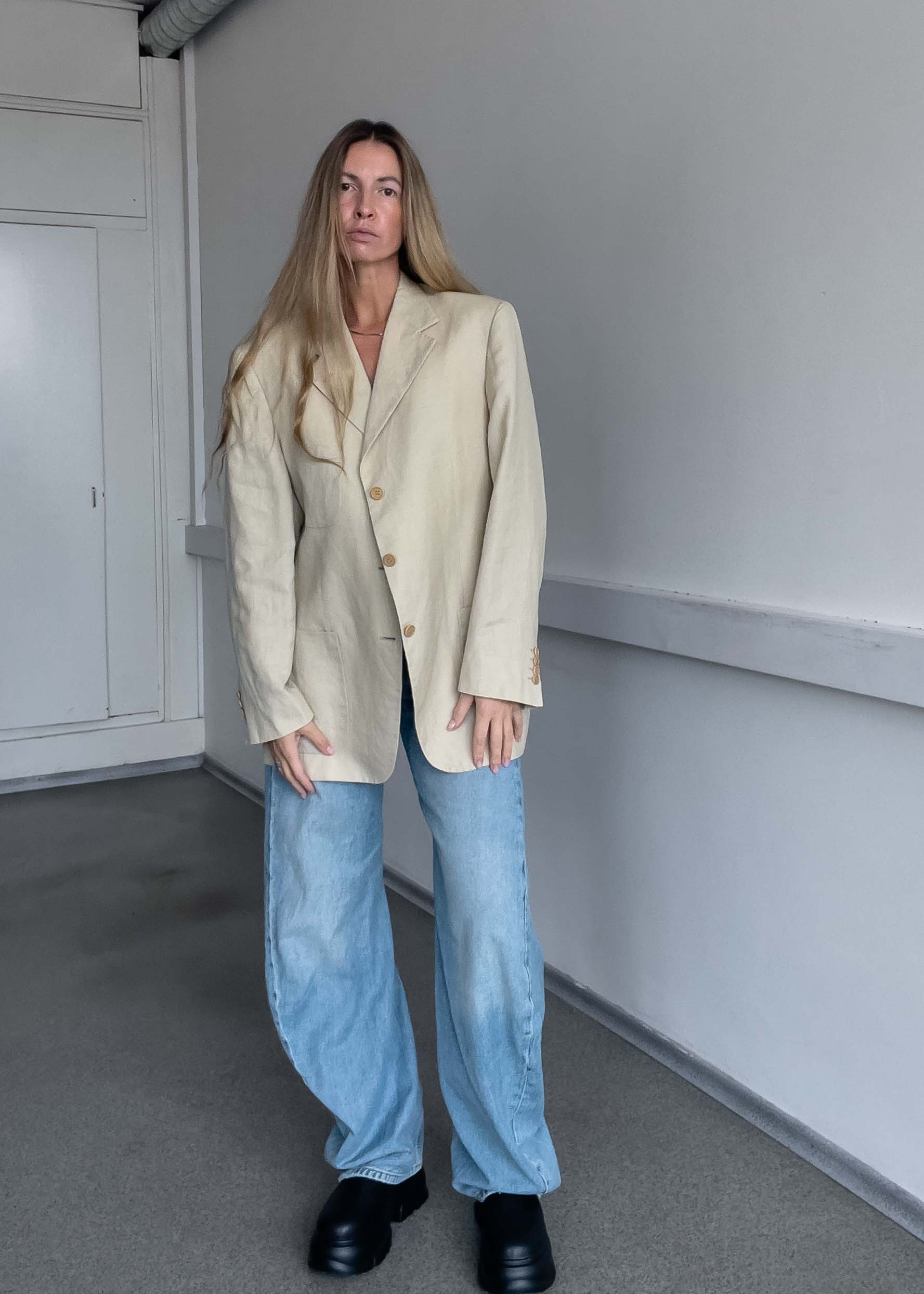 Vintage Light Yellow/Beige Oversized Linen Blazer