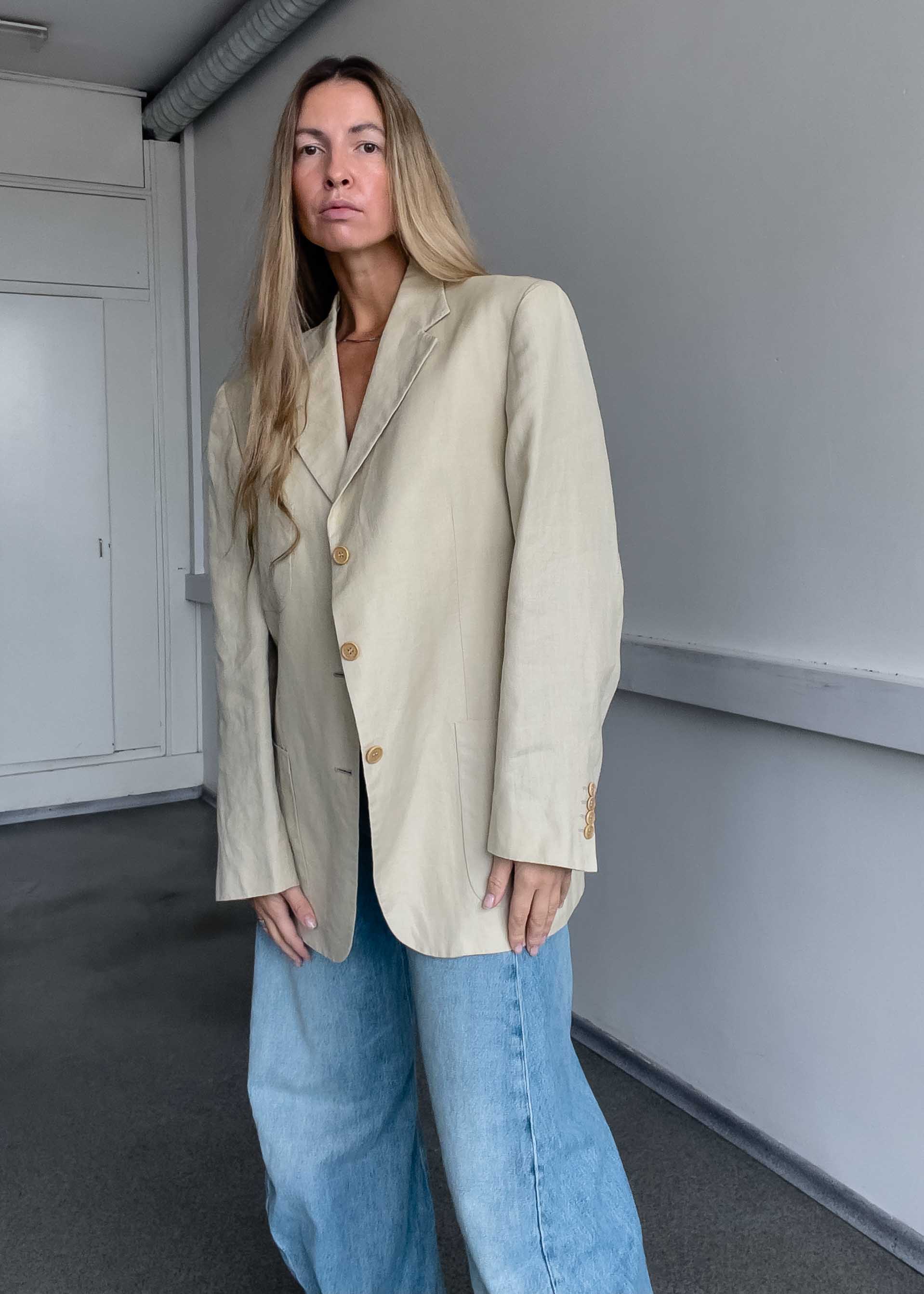 Vintage Light Yellow/Beige Oversized Linen Blazer