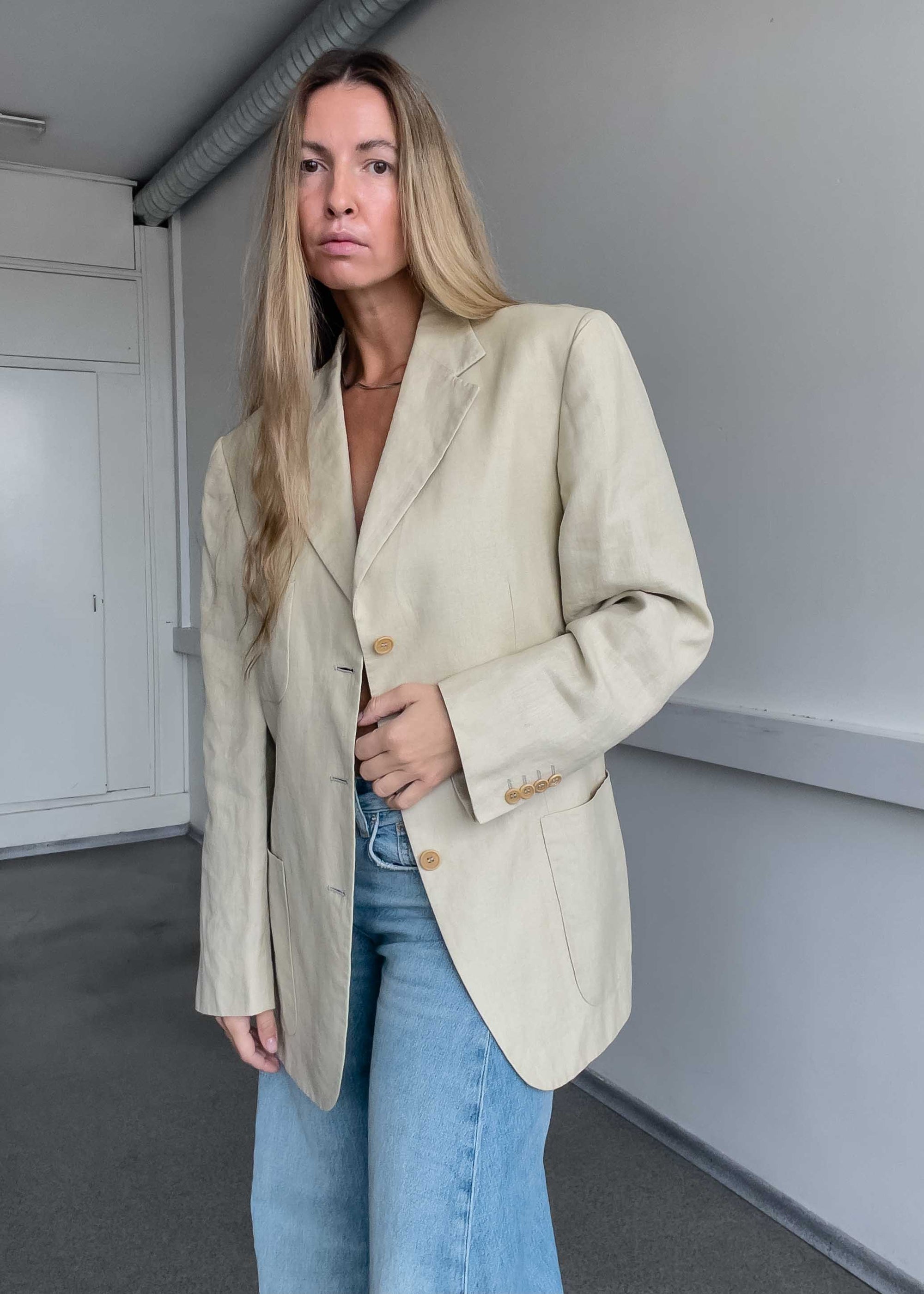 Vintage Light Yellow/Beige Oversized Linen Blazer