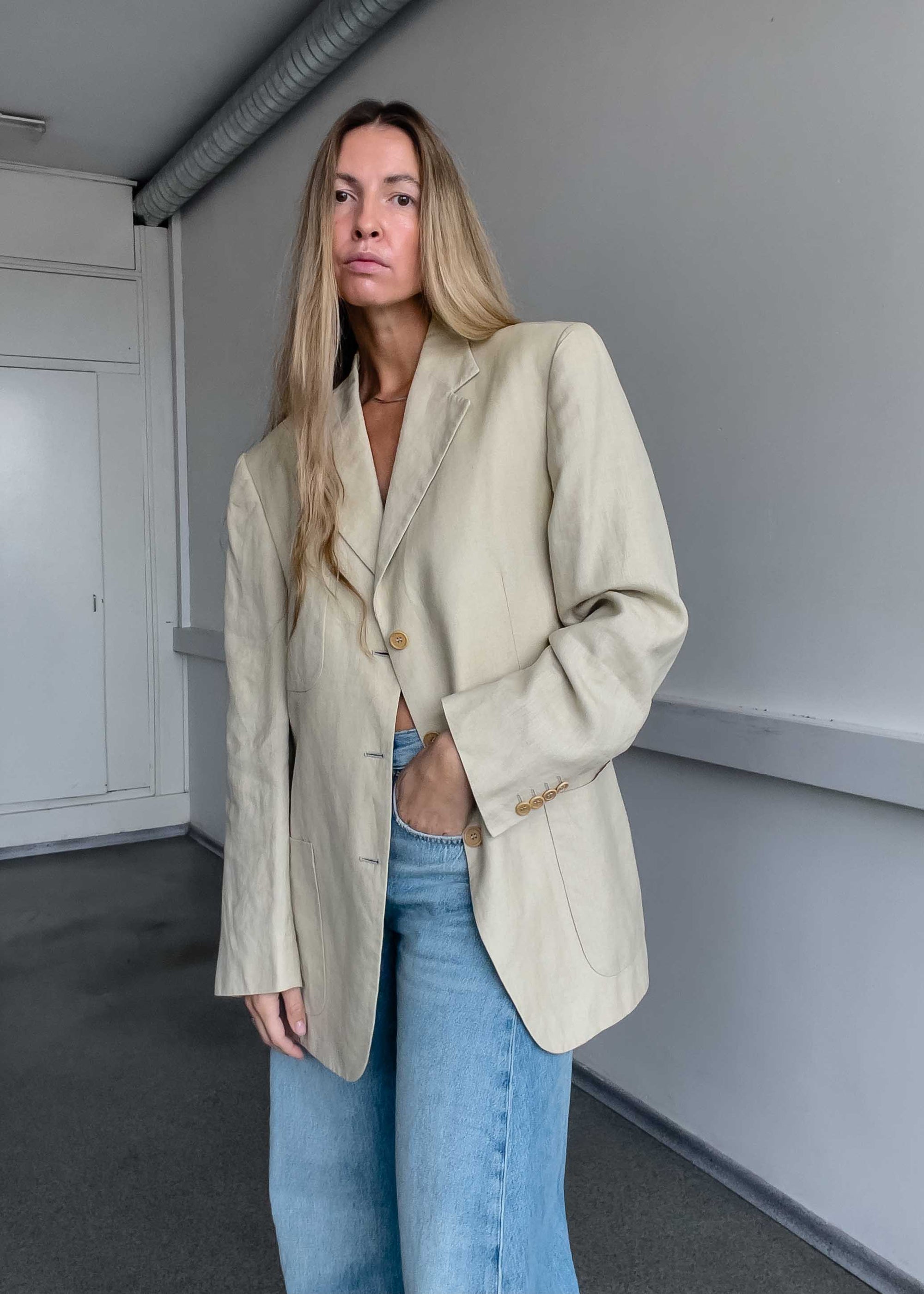 Vintage Light Yellow/Beige Oversized Linen Blazer