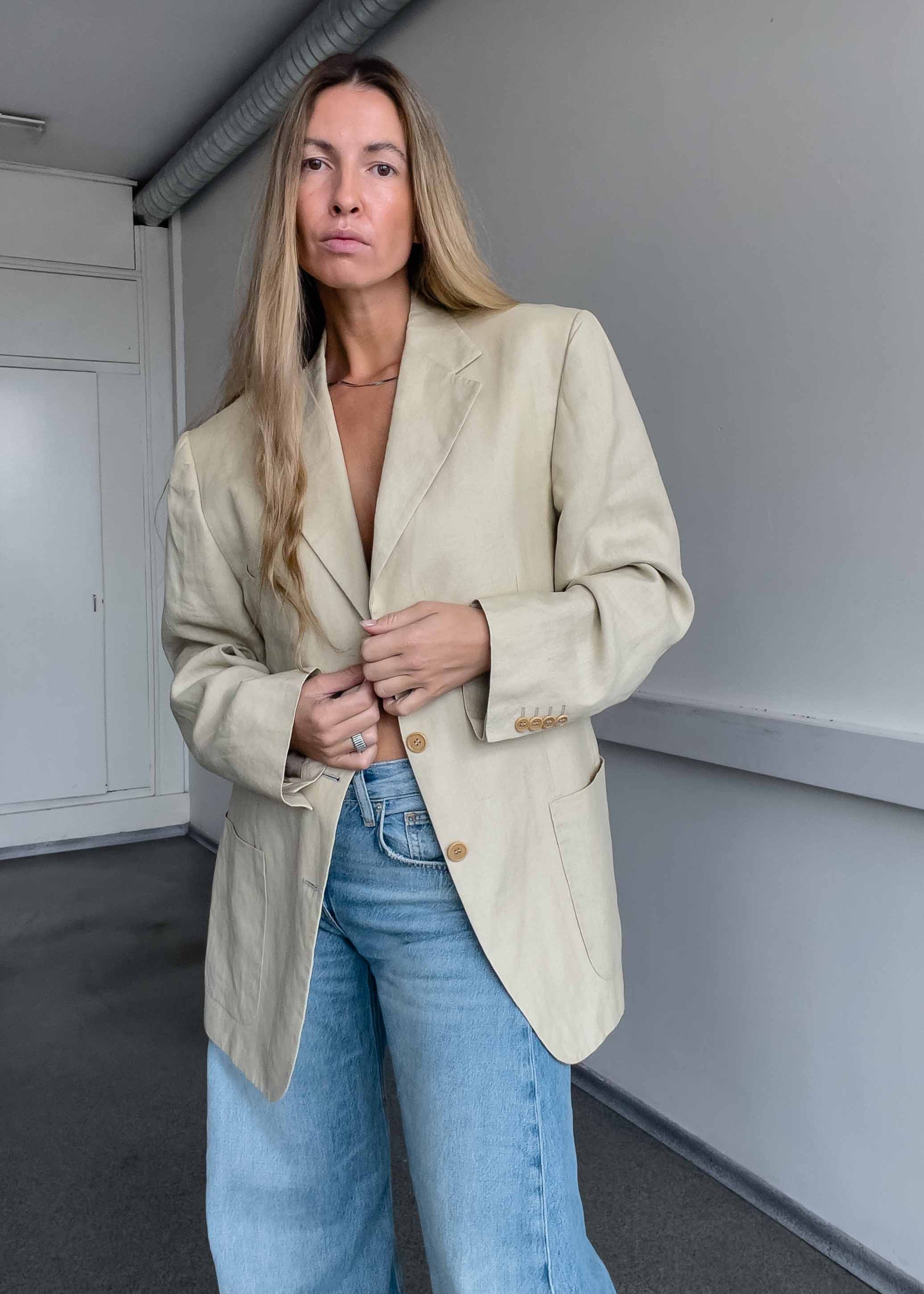 Vintage Light Yellow/Beige Oversized Linen Blazer