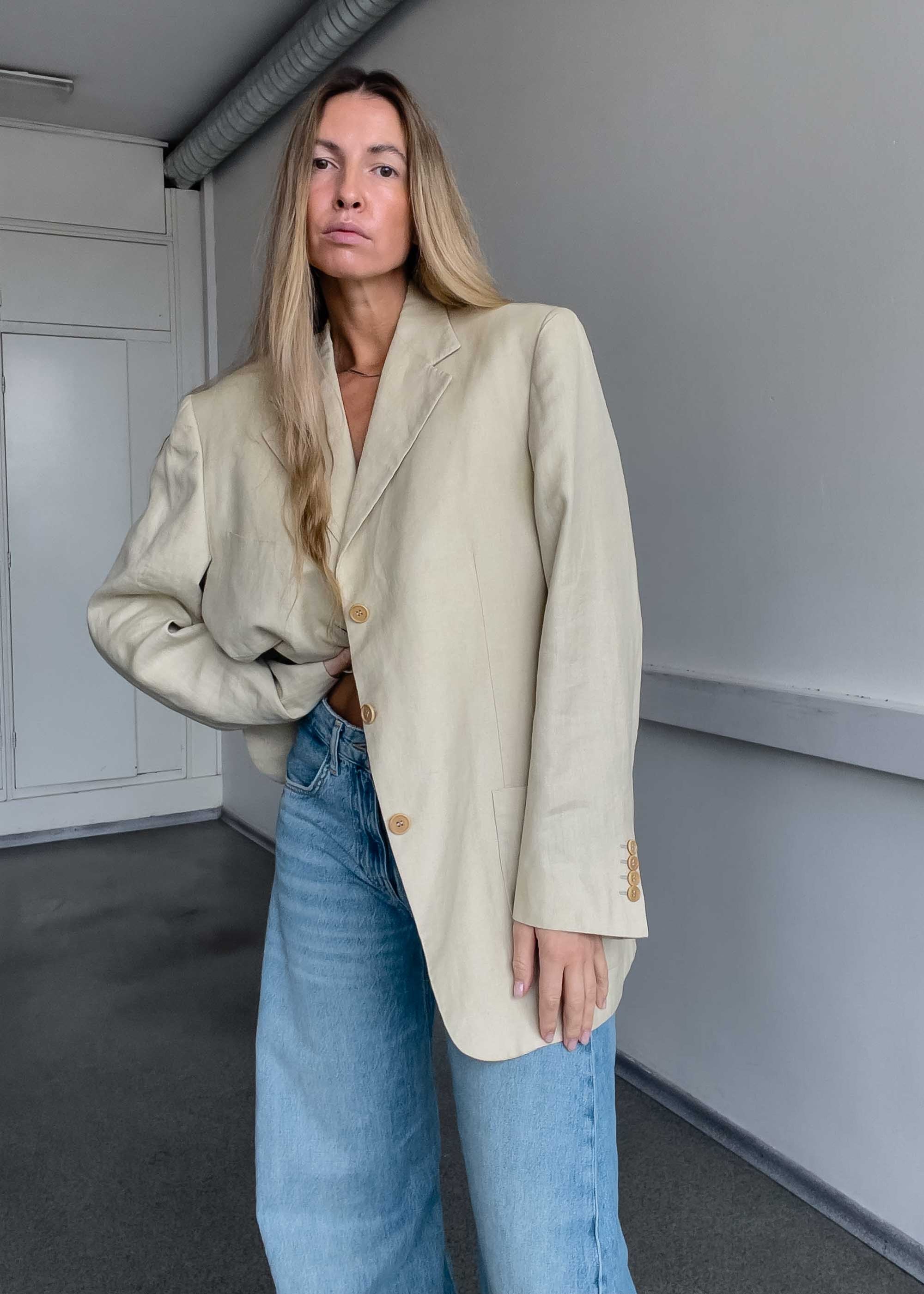 Vintage Light Yellow/Beige Oversized Linen Blazer