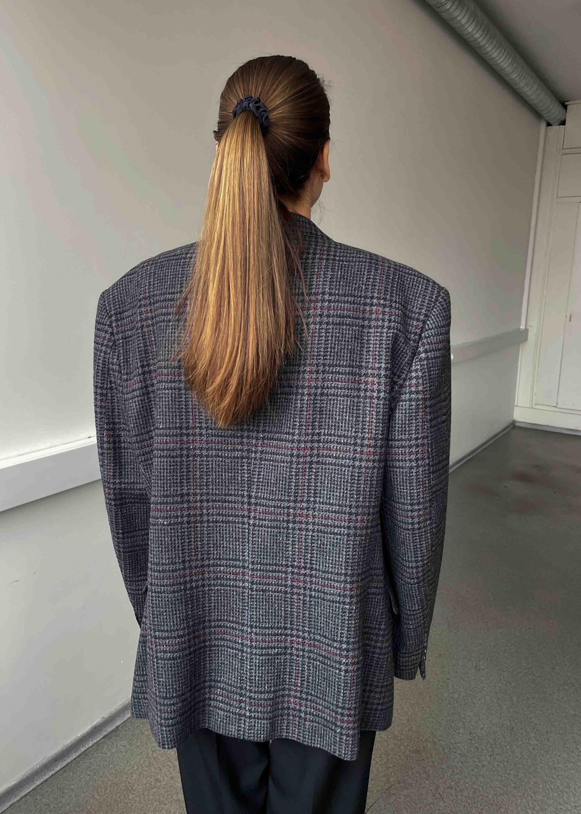 Vintage Grey Checked Oversized 100% WOOL Blazer