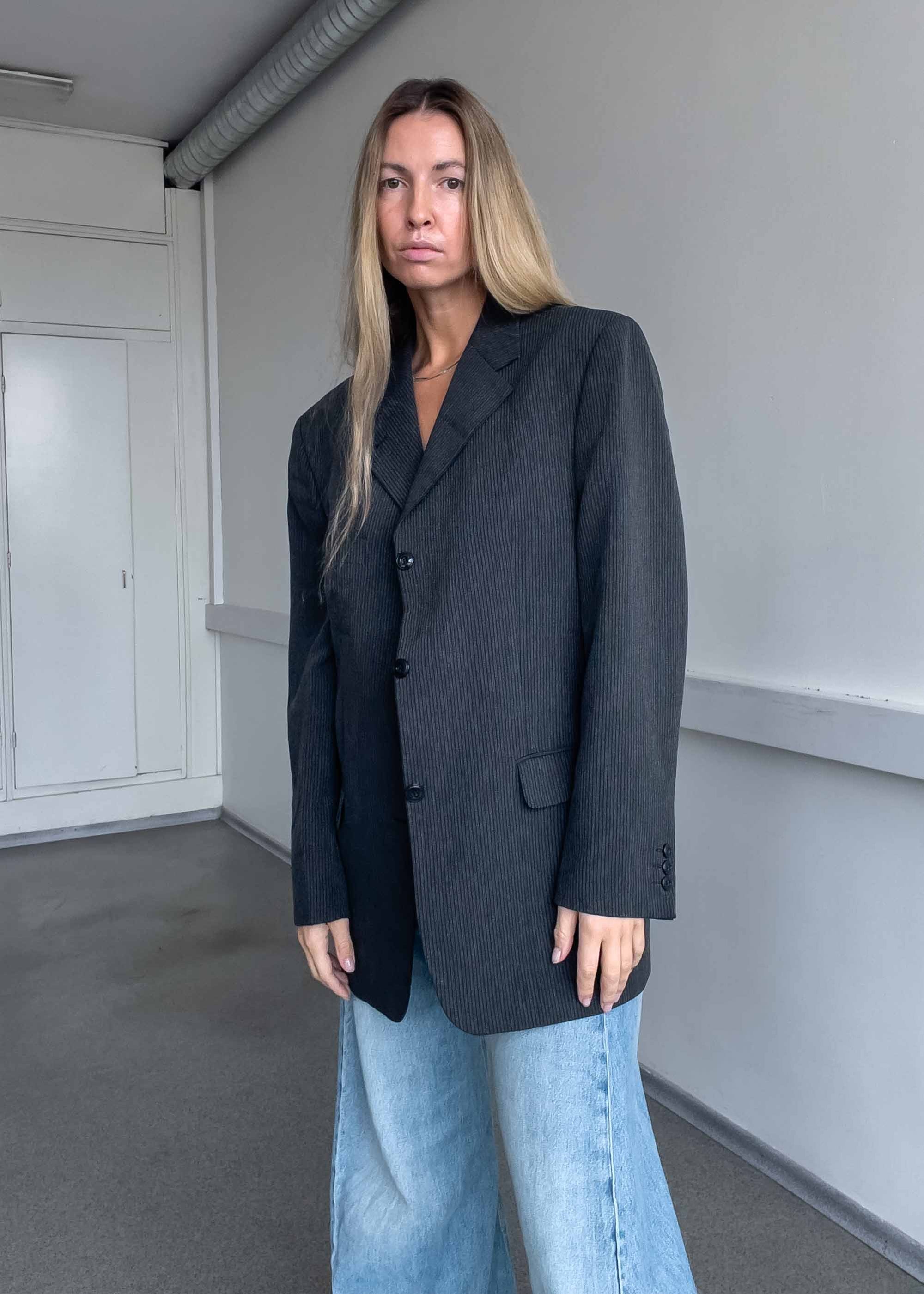 Vintage Grey Stripy Oversized Blazer