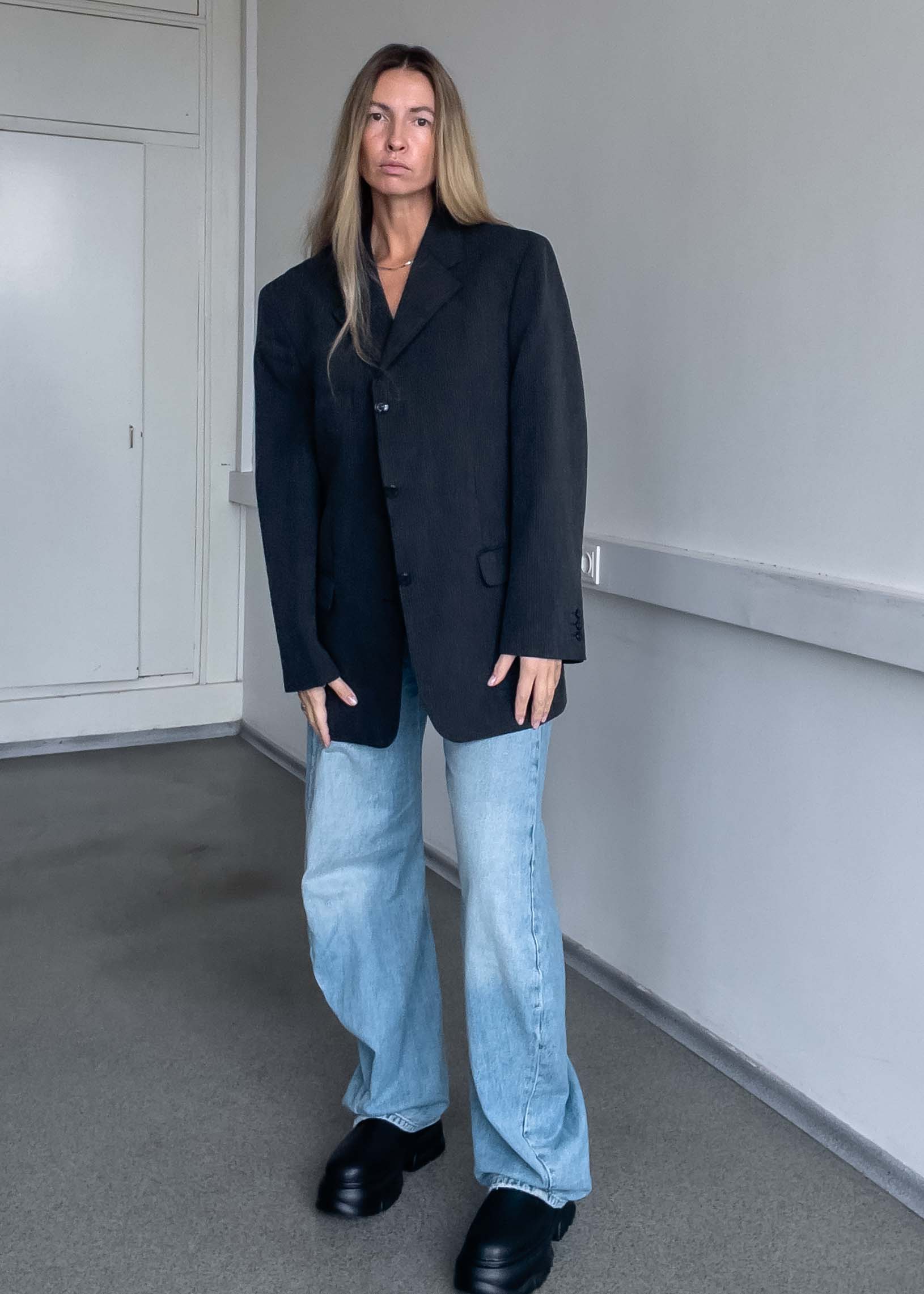 Vintage Grey Stripy Oversized Blazer