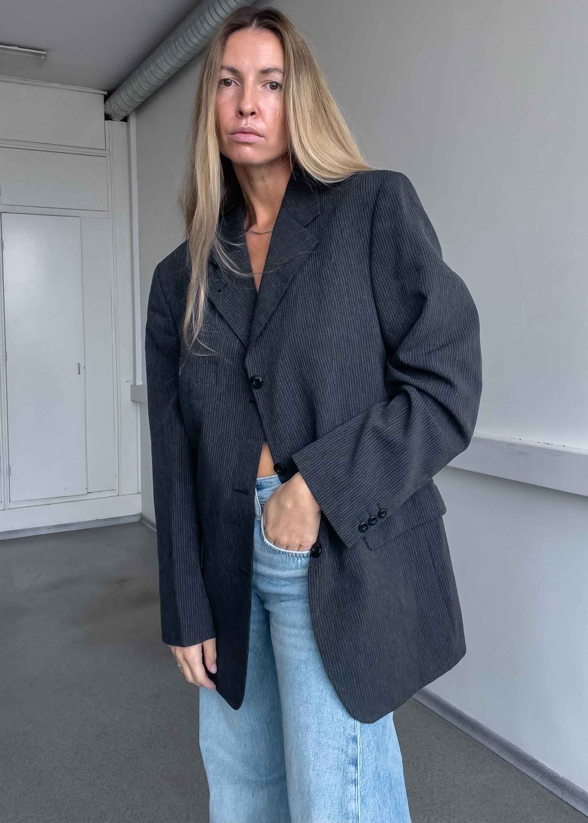 Vintage Grey Stripy Oversized Blazer